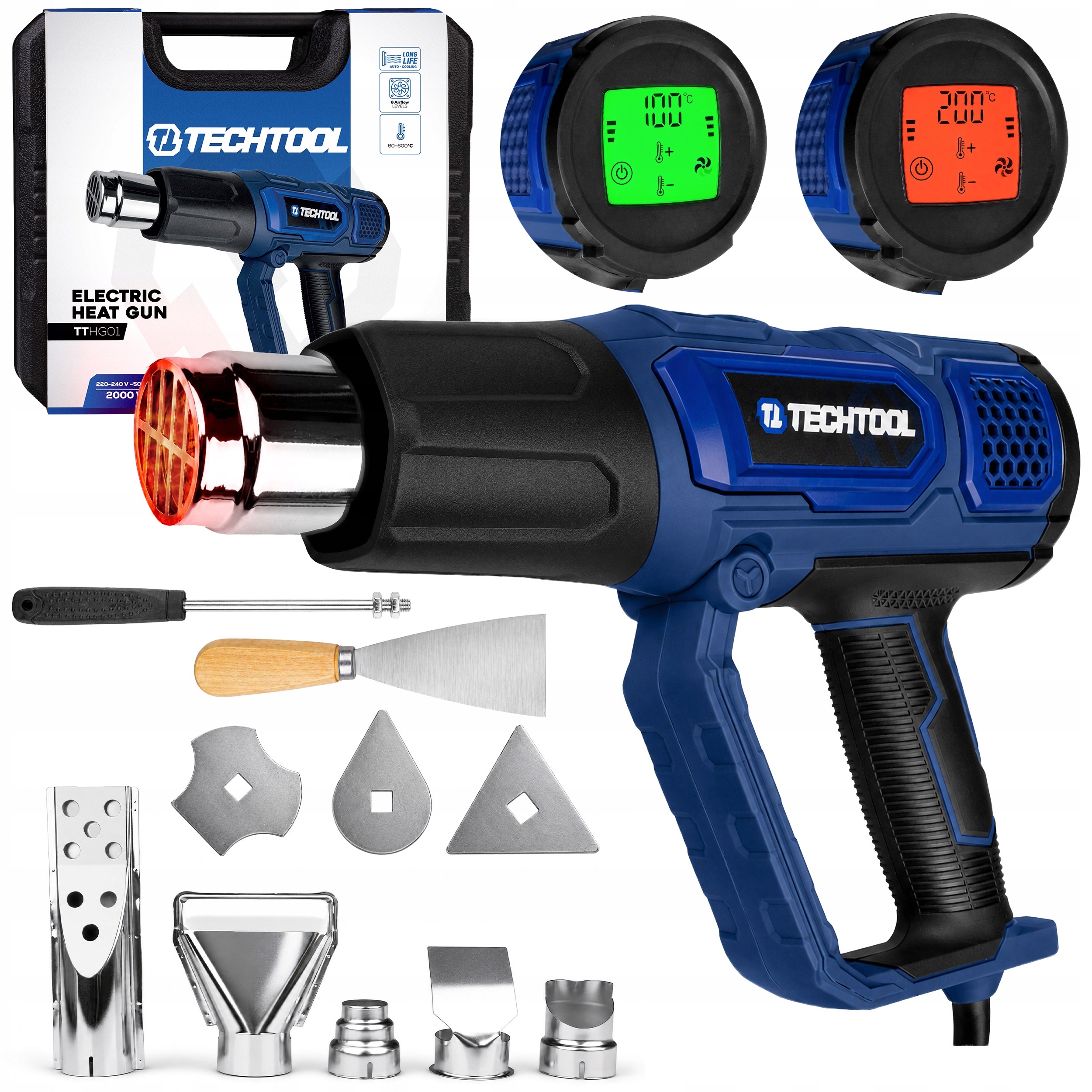 Horkovzdušná Pistole 2000W Dotykový LCD Displej 6RYCHLOSTNÍ Trysky Techtool