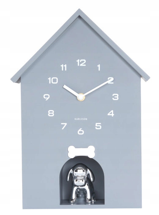 Šedé Skříňkové Nástěnné Hodiny Karlsson KA6096GY Štěkání Psa 24x35 cm