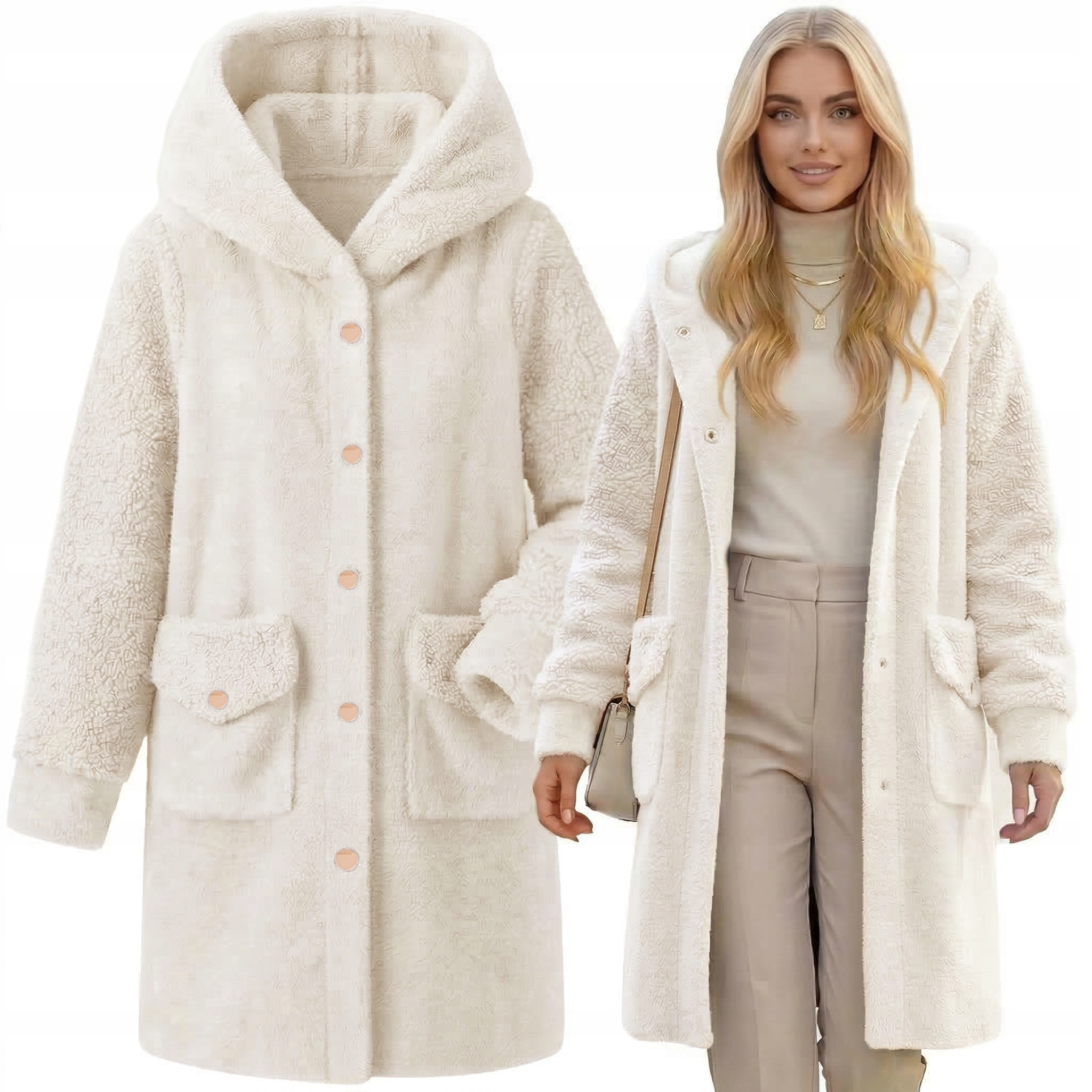 Měkká Teplá Alpaka S Beránkem Kabát S Teplou Vlnou Ecru