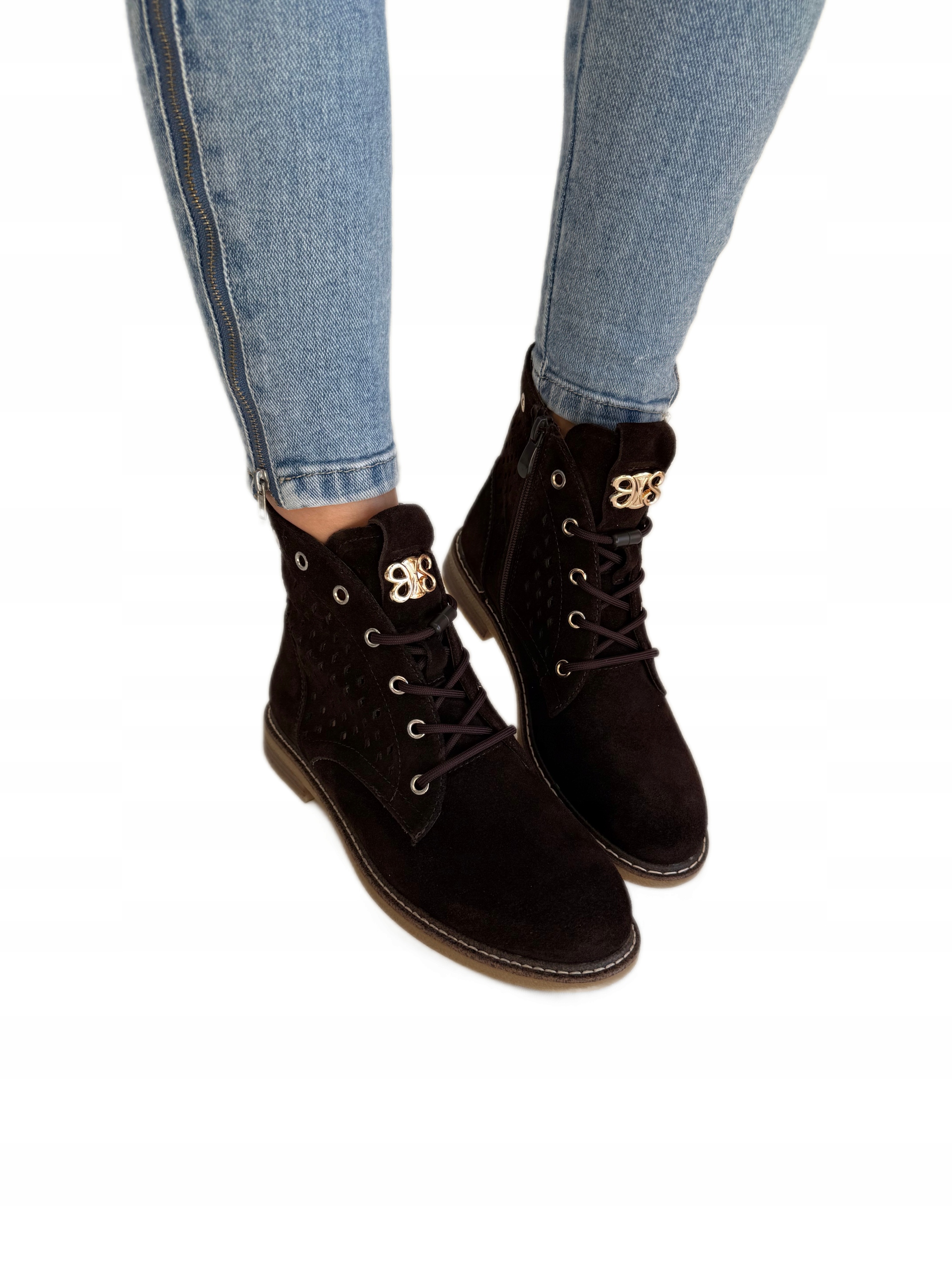 Kotníkové Boty ažurové hnědé čokoládové přírodní semiš velikost 39