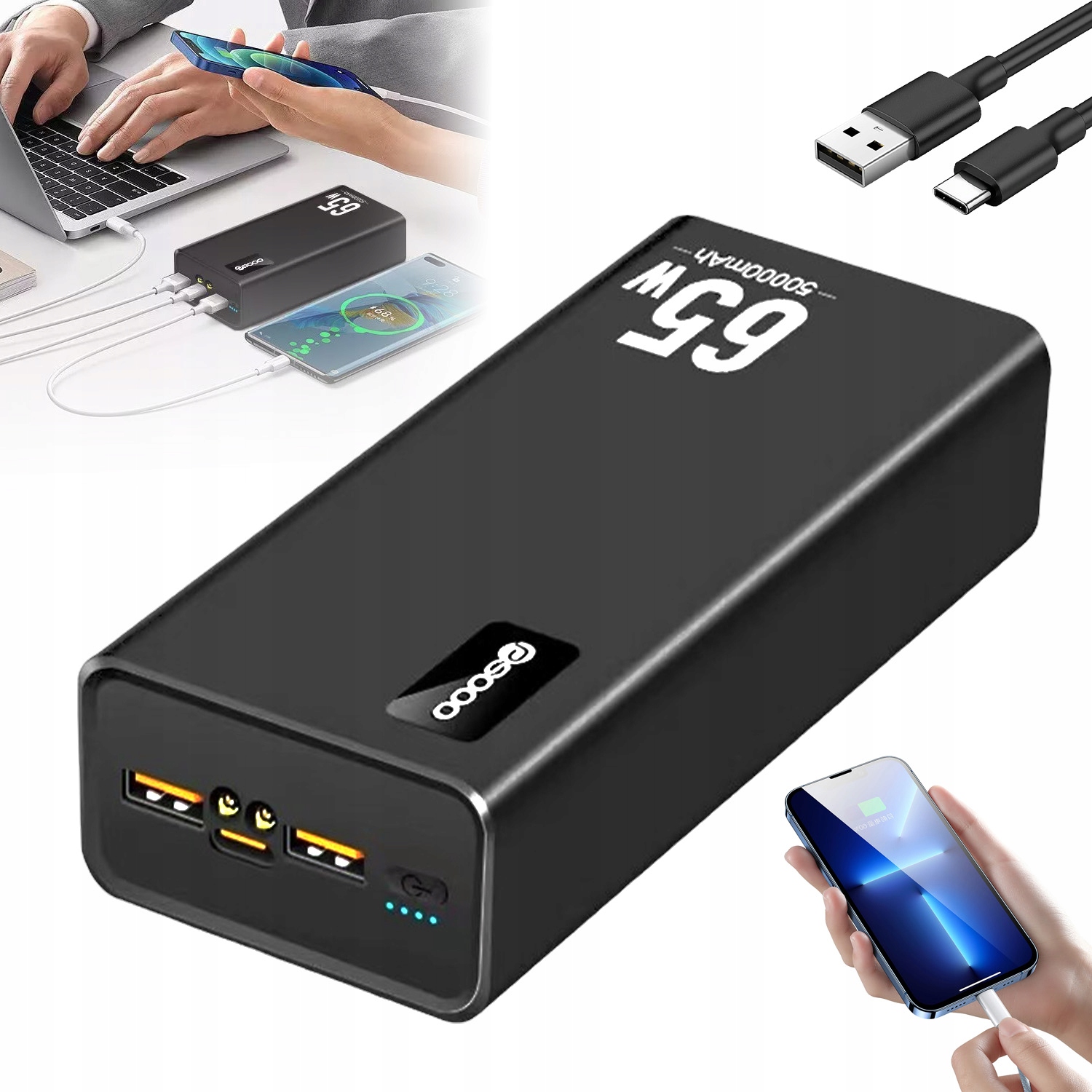 Powerbanka 65W Usb C 50000 mAh Nabíjení 3 Led zařízení Camping