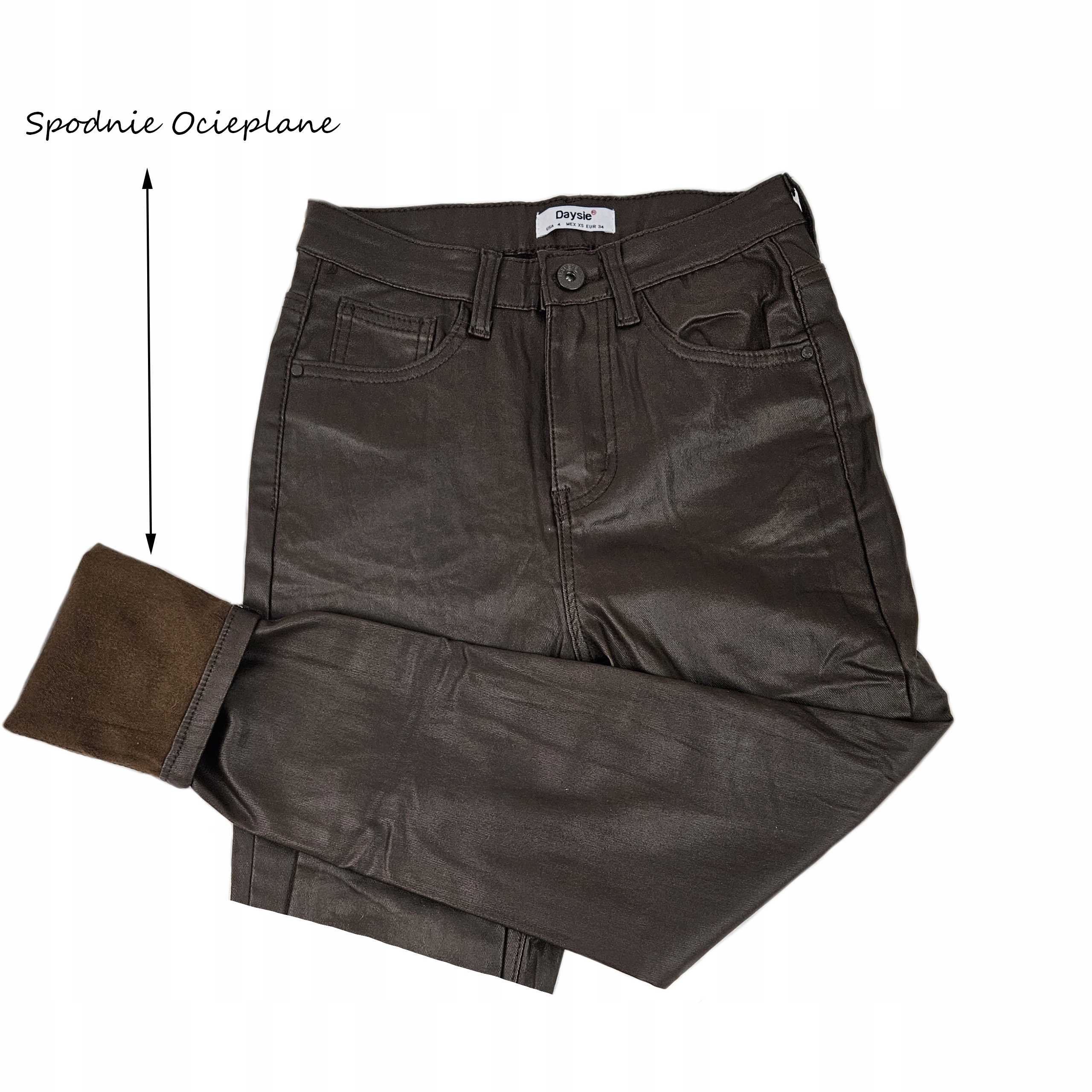 DAMSKIE SPODNIE OCIEPLANE MODELUJĄCE WOSKOWANE SKÓRA Rozmiar 34