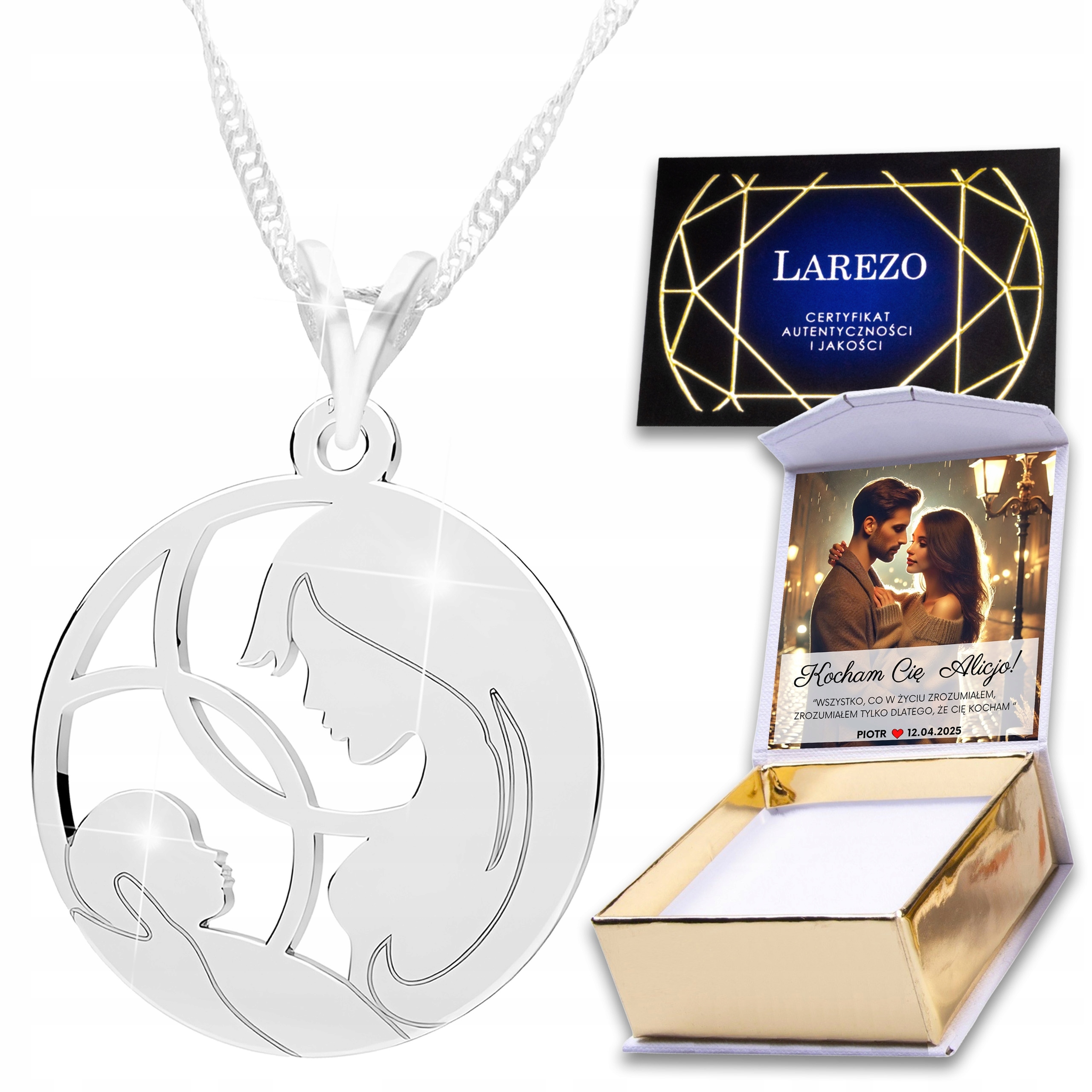 Stříbrný náhrdelník Plech Maminka Dítě Matka Rodina Láska 925 Potisk