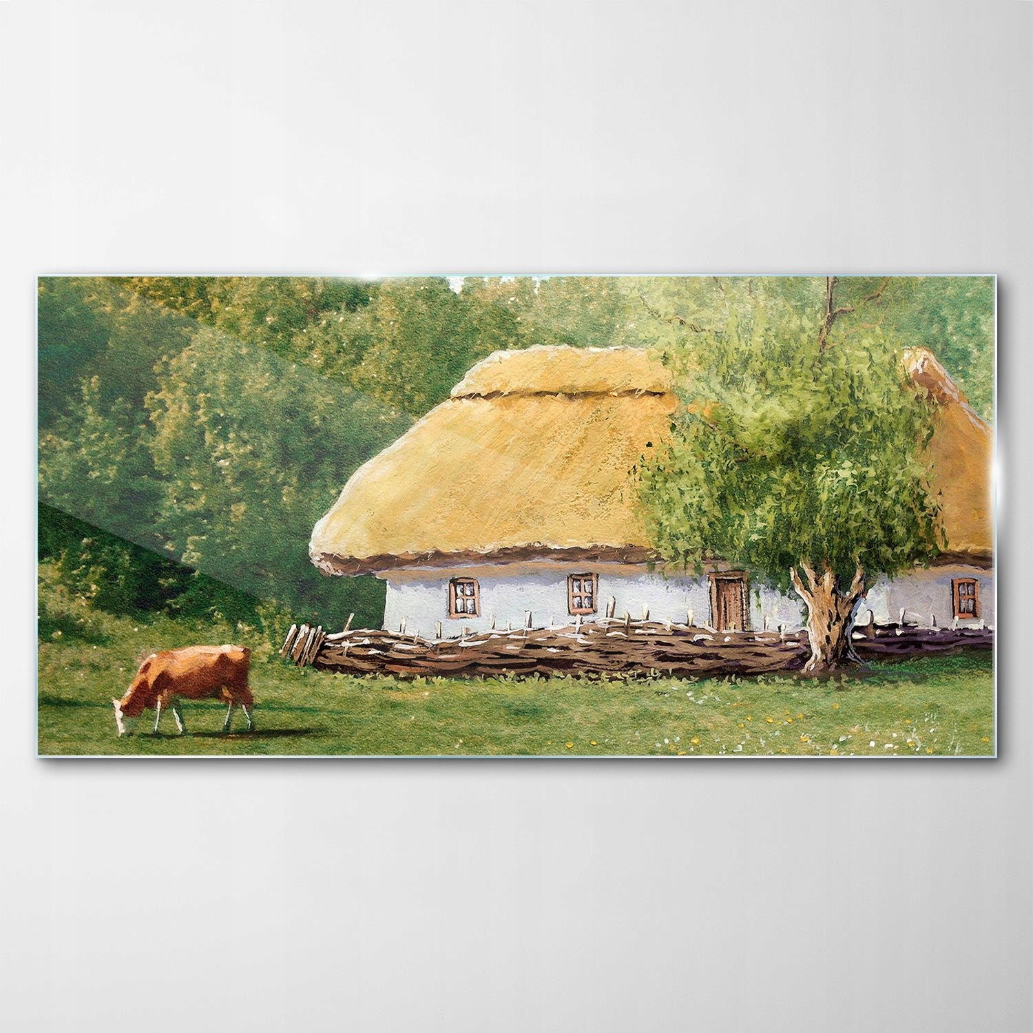 Obraz na skle Dekor Chata Krava Les Strom 120x60