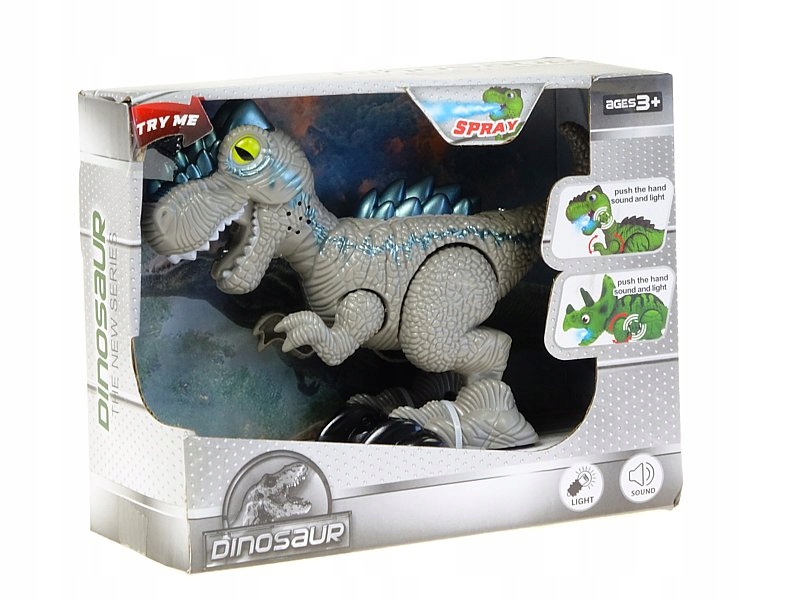 

Dinozaur ziejący parą 18cm T-rex szary