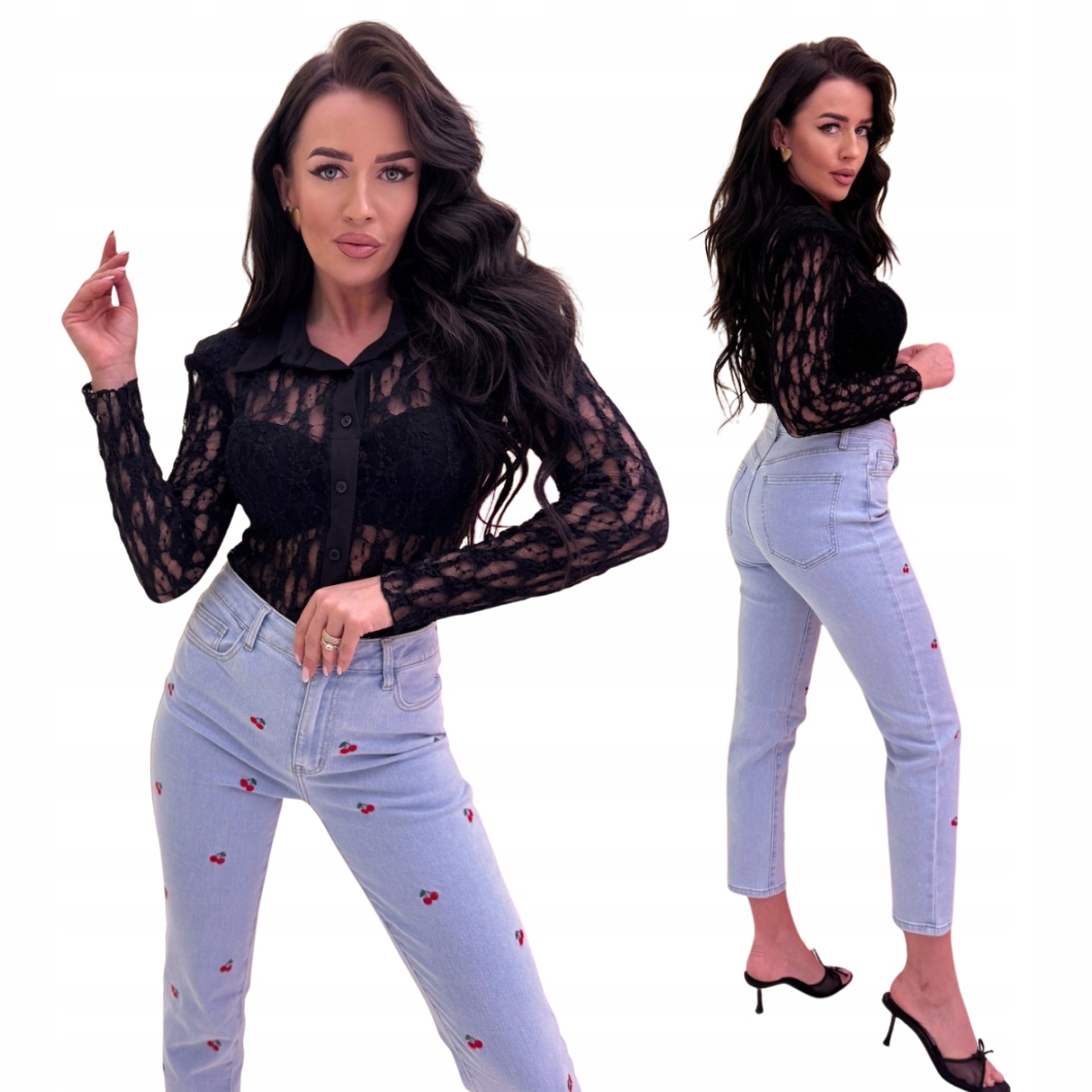 Krajkové body s dlouhým rukávem a límečkem, černé, elastické, velikost One size