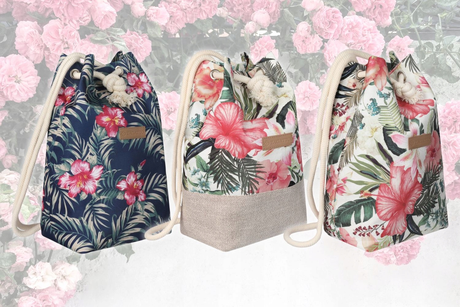 Plecak damski miejski kwiaty torba worek plecaczek torebka pojemna ZAGATTO Wzór dominujący kwiaty