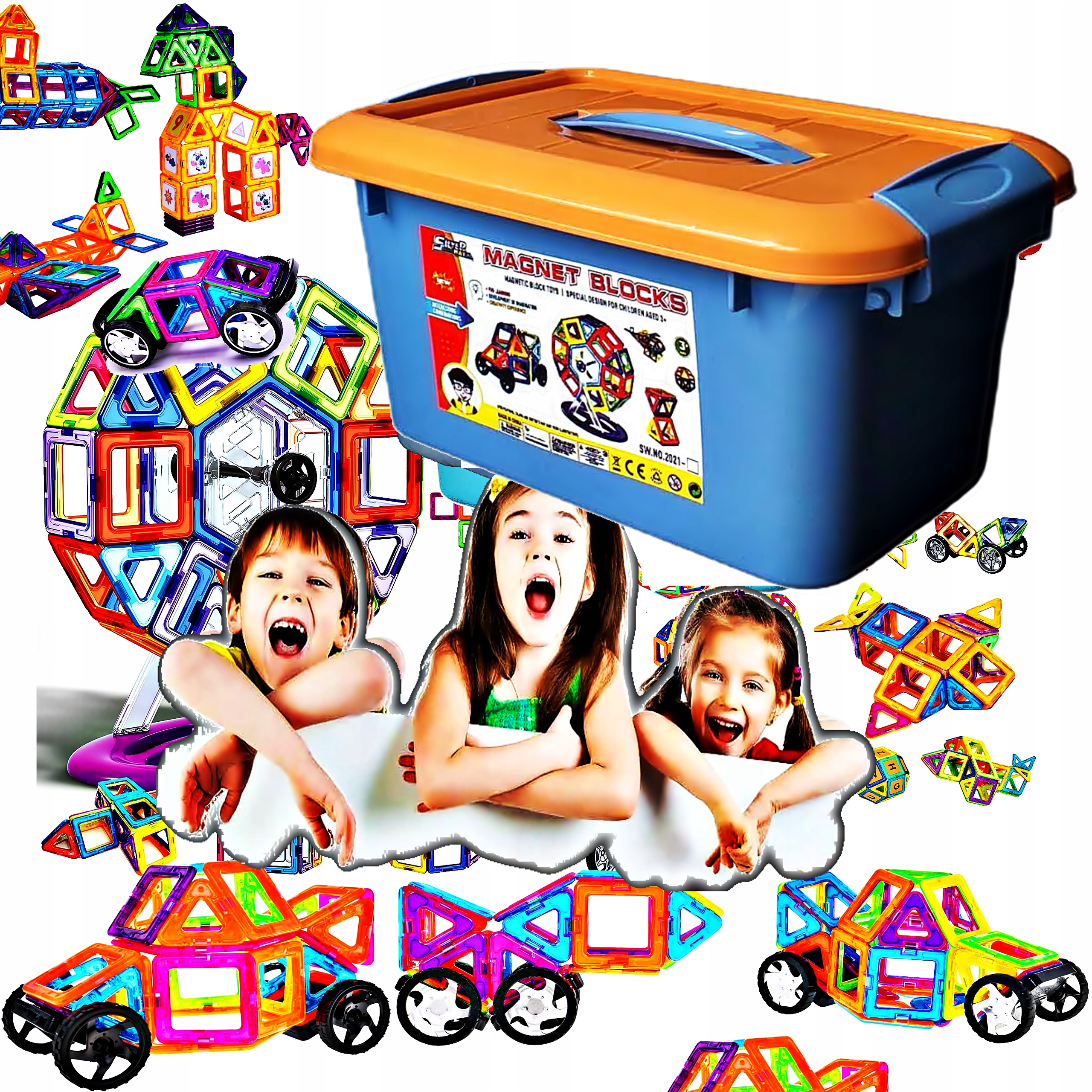 EDUKACYJNE KLOCKI MAGNETYCZNE 124 elementów w plastikowym kuferku + GRATIS