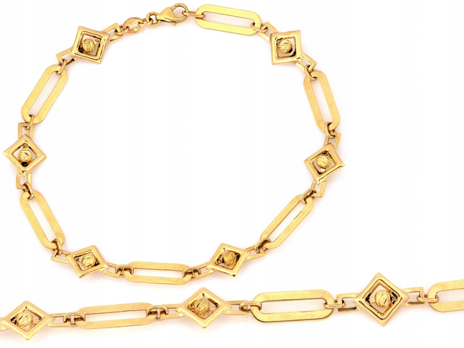 Zlatý náramek 585 s lesklými čtverci a diamantovými korálky 3.55 g