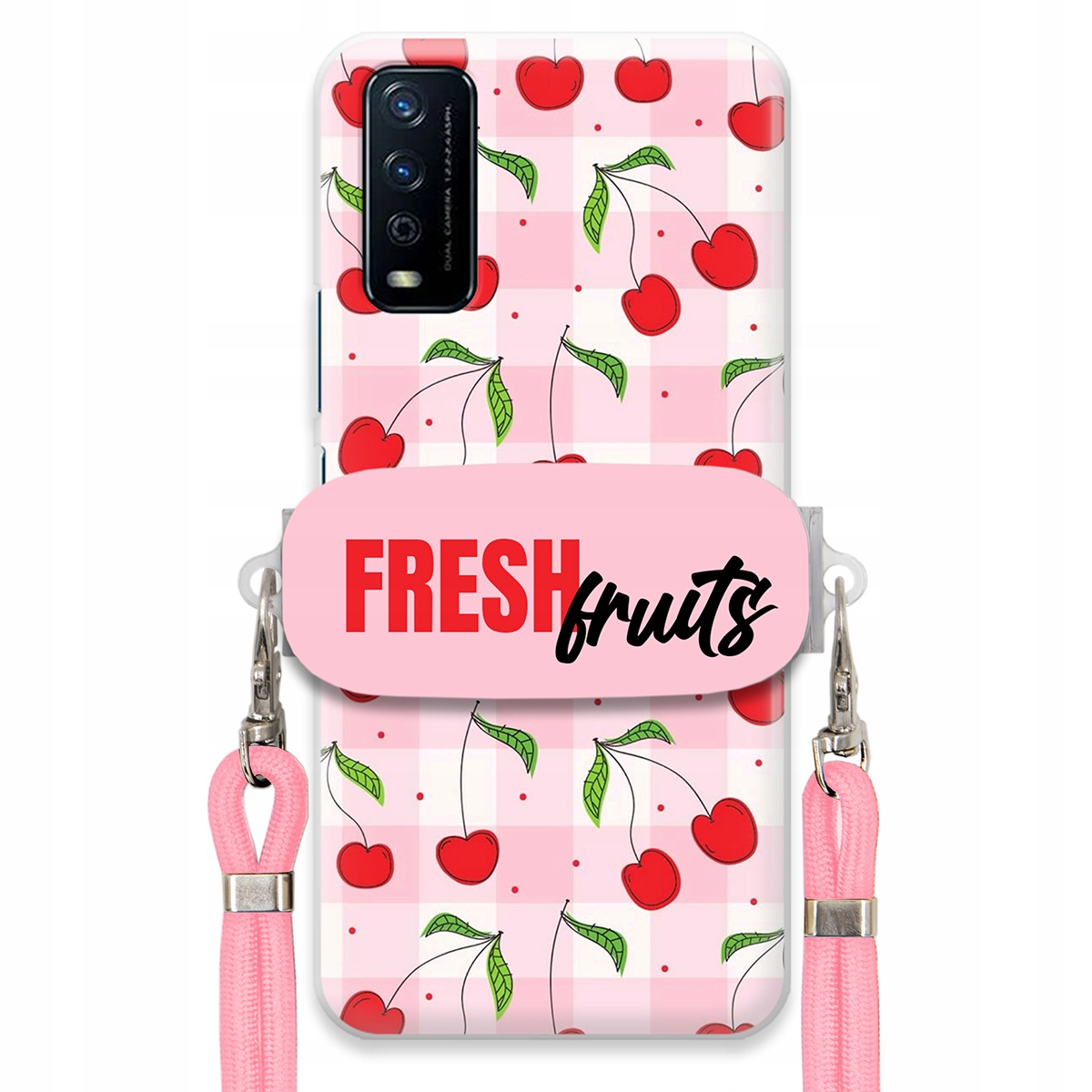 Puzdro pre Vivo Y11s Case držiak na šnúrku Ružový Fresh Fruits Mriežka Ovocie