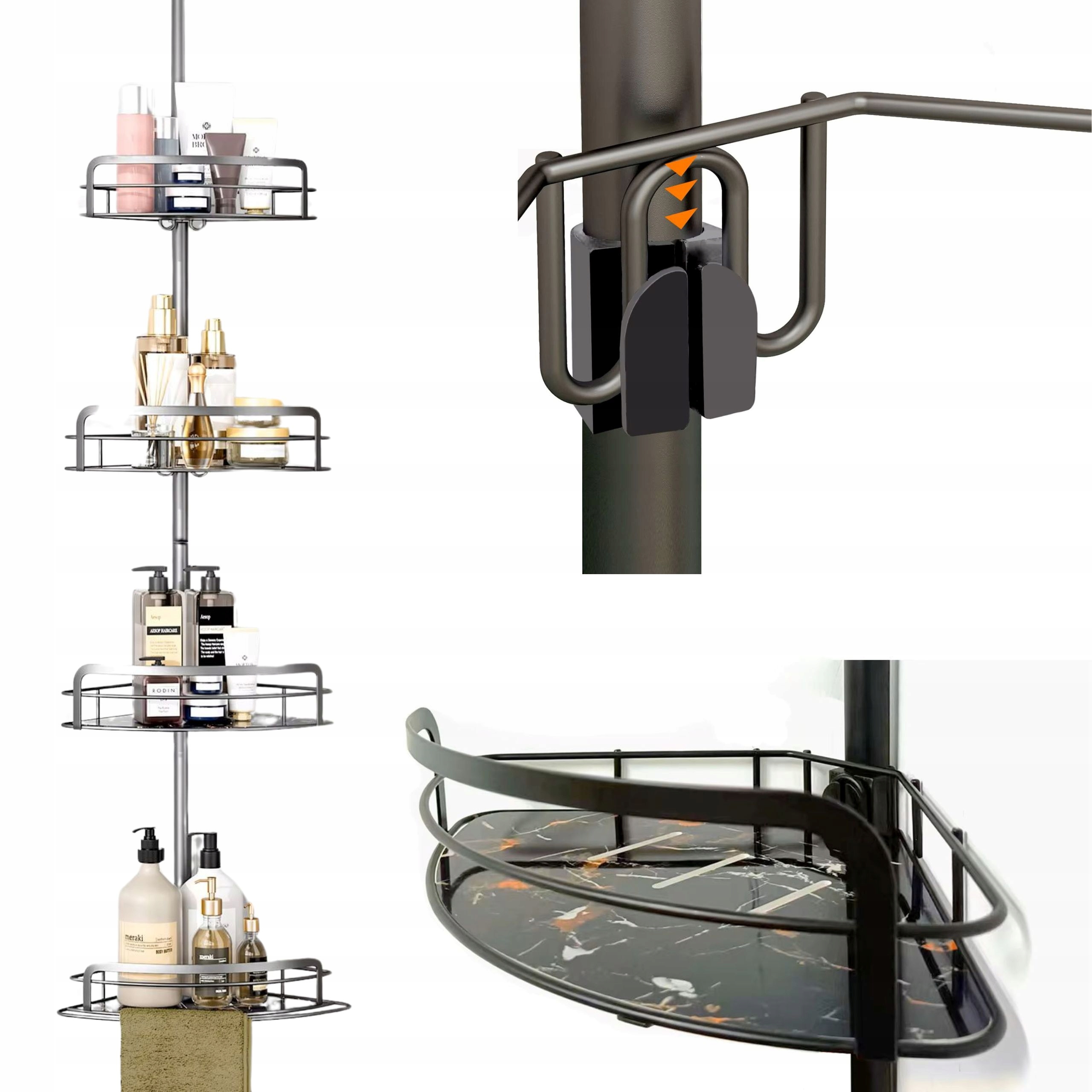 Rohová teleskopická police pod sprchu černá, nastavitelná, kovová, 4 úrovně