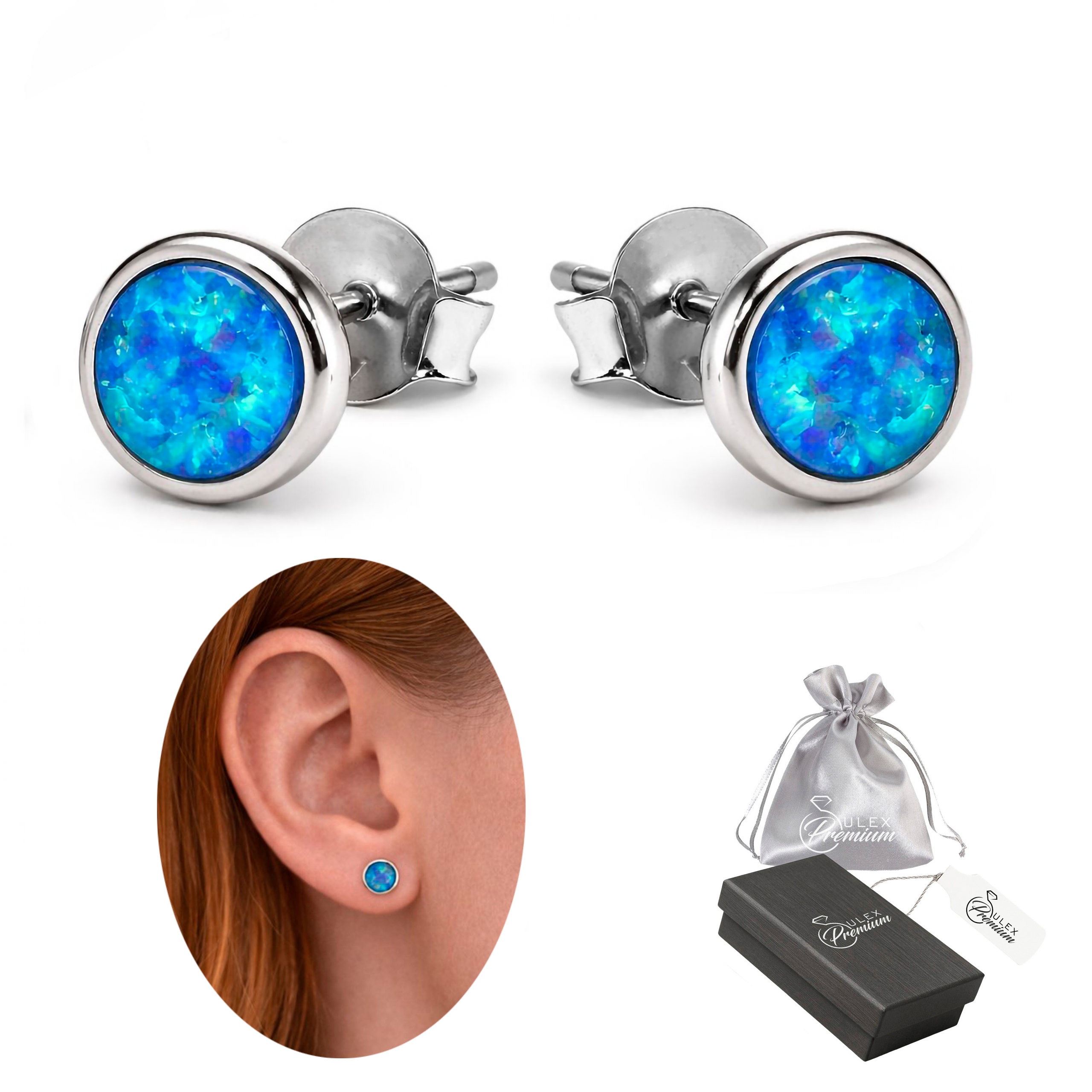 Stříbrné náušnice ryzost 925 Rhodiované Elegantní Modrý Opál Kulaté 6,5 mm