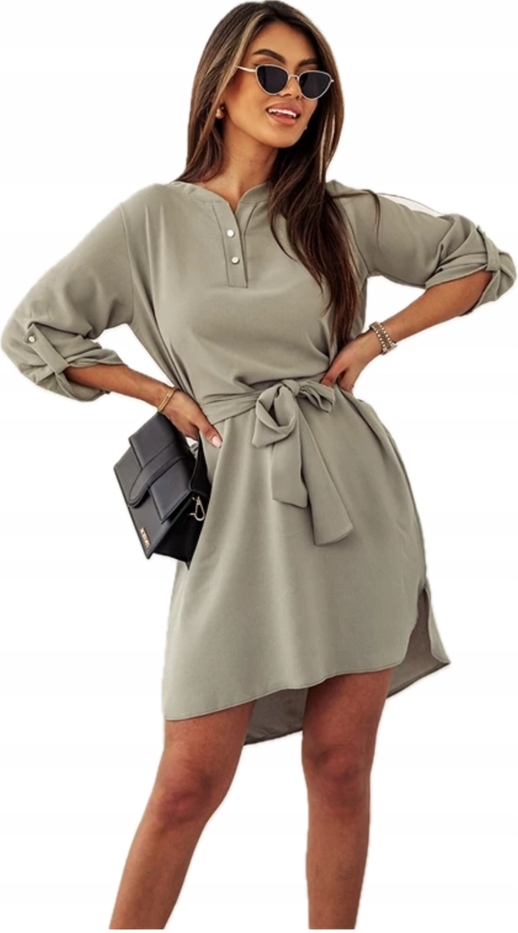 Jednoduché Šaty S Páskem 013 Khaki XL (42)