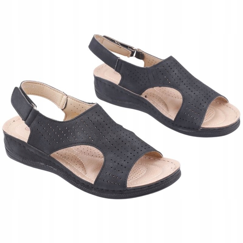 Czarne Sandały Damskie Ażurowe Na Platformie Sandałki Na Rzepy