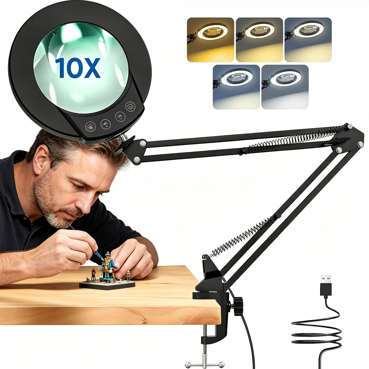 Lampa Z Lupą Kosmetyczna Biurkowa Powiększenie 10X Led Usb 12W Czarna