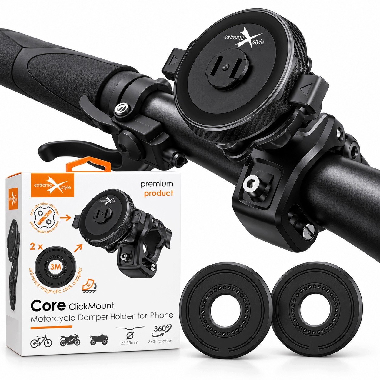 Antivibrační motocyklový držák Extremestyle ClickMount CMCore s 2 nástavci