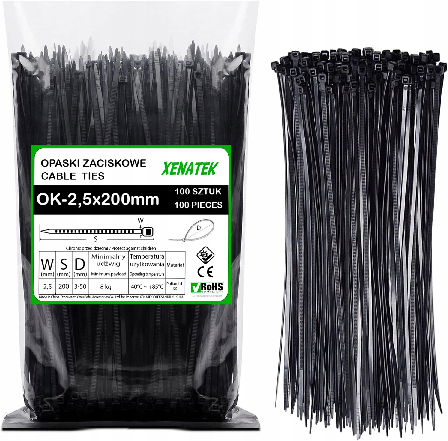 Trytytki Opaski Zaciskowe Kablowe Wytrzymałe Mocne Czarne 2,5x200 100szt