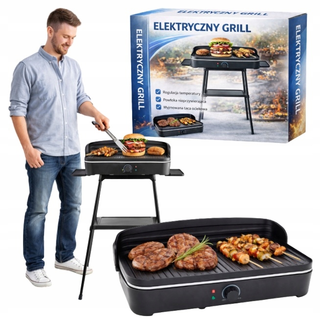 Grill Elektryczny Ogrodowy Stojący Stołowy Kontaktowy Termostat 2200W