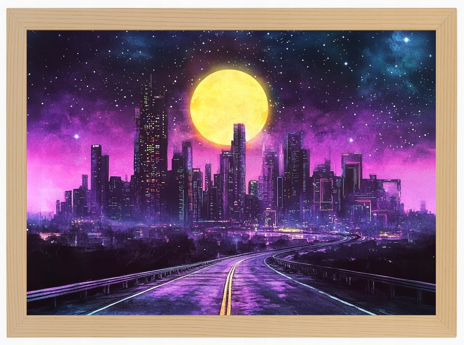 Plakát Rámeček Dřevo Kyberpunk Synthwave Město Mrakodrapy Cesta 100x70