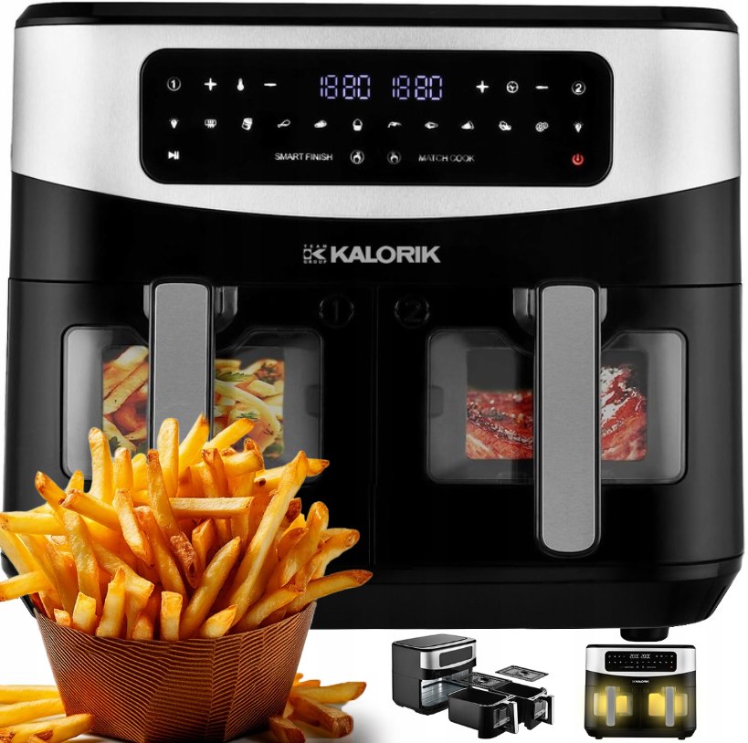 Air Fryer 10L XL Frytkownica Beztłuszczowa Podwójna 2600W Szyba Dwukomorowa