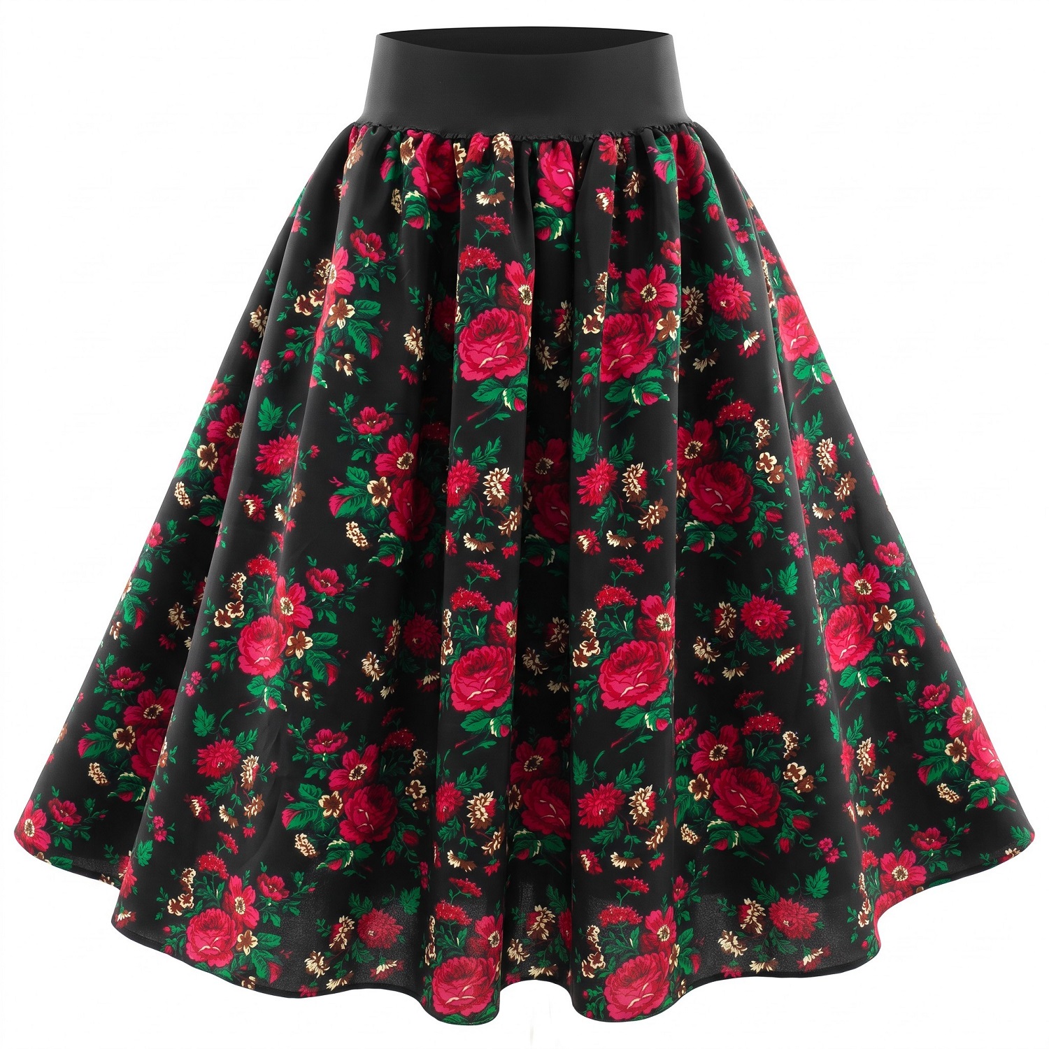 Sukně na gumičce Černá Horalská Krakovská s květy Dlouhá *FolkStyle* XL*