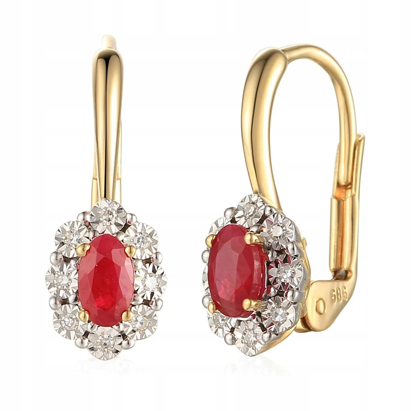 zlaté náušnice pro ženu 585 elegantní s diamanty a rubíny 2.67 g