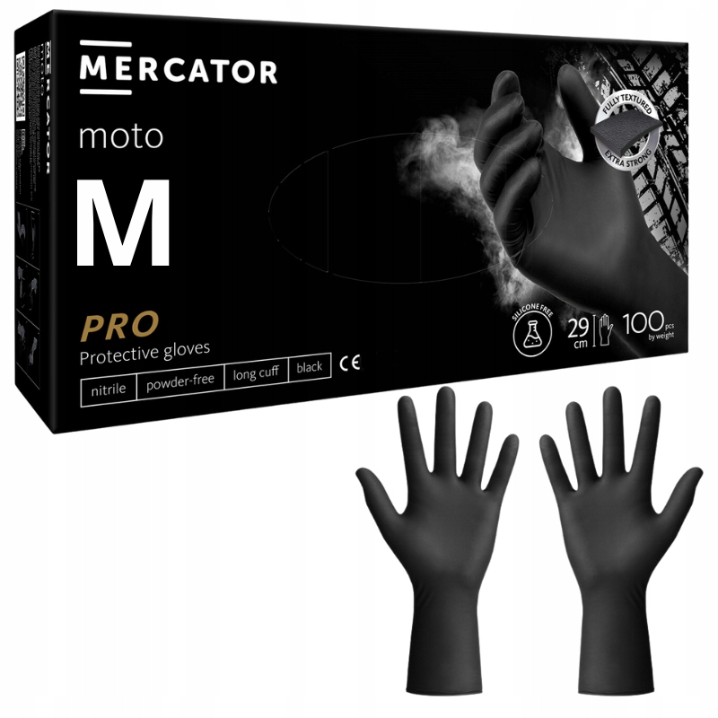 Levně Nitrilové rukavice Černé Mercator ideall Moto Black silné 100 ks vel. M