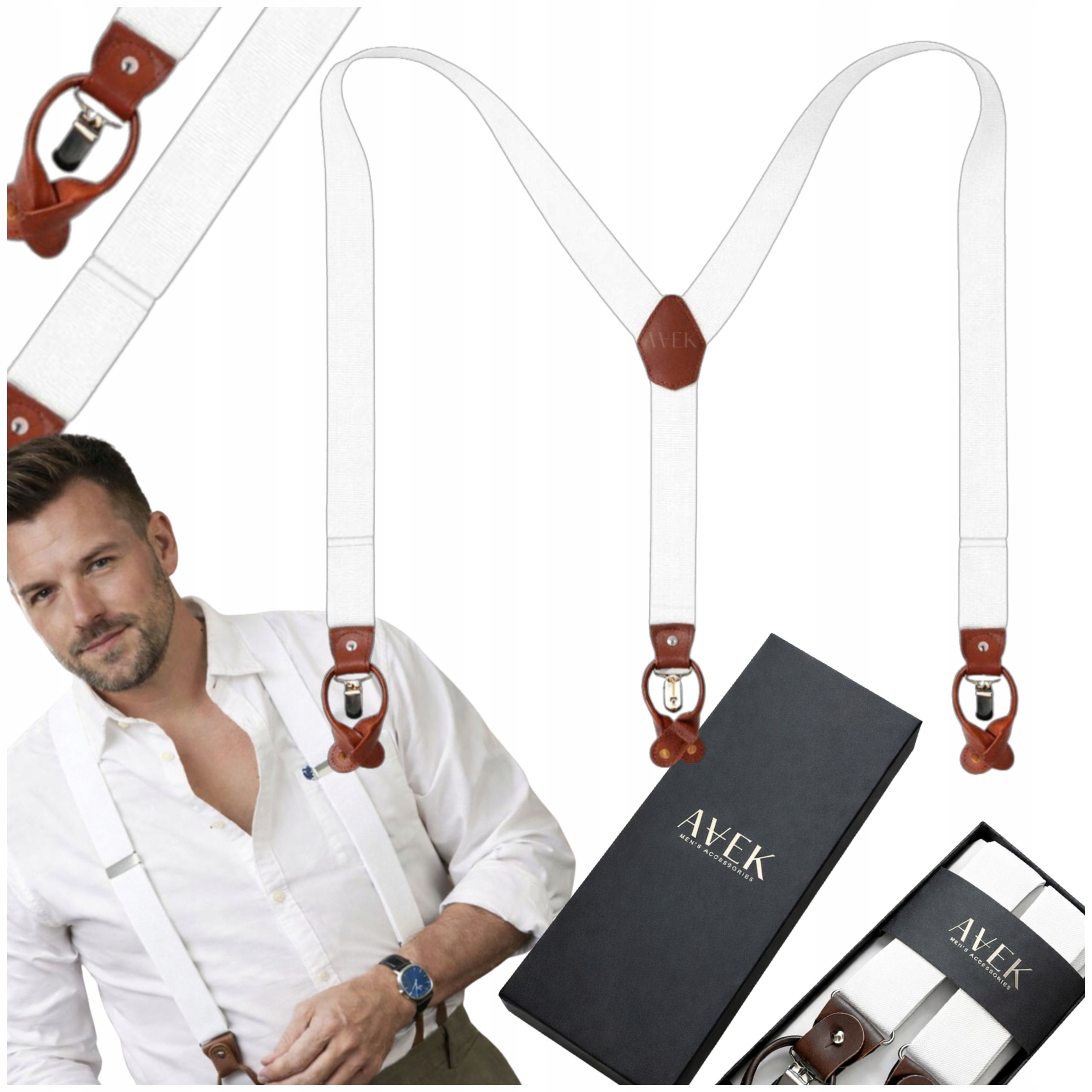 Popruhy Ke Kalhotám Bílé, Pánské, Pevné, Nastavitelné, Široké Jako Dárek 2V1