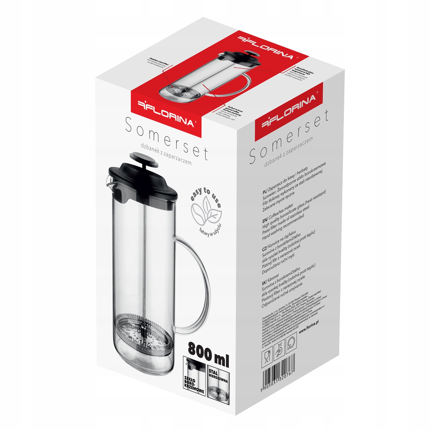 Dzbanek szklany z zaparzaczem Florina Somerset 800 ml Kolor czarny
