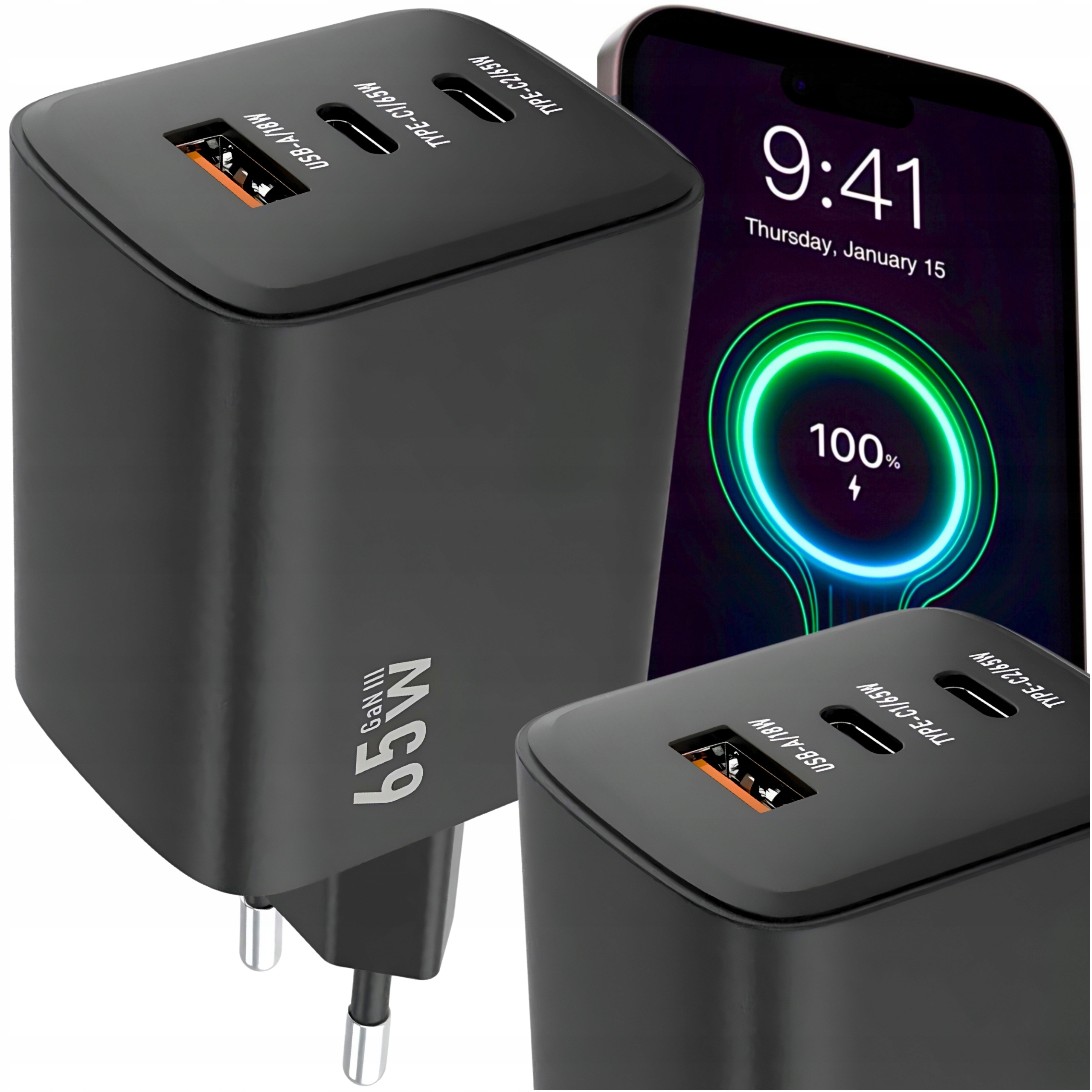 Ładowarka Sieciowa Szybka 65W GaN Usb 2x Usb-c Pd Qc 4.0 Mocna Uniwersalna
