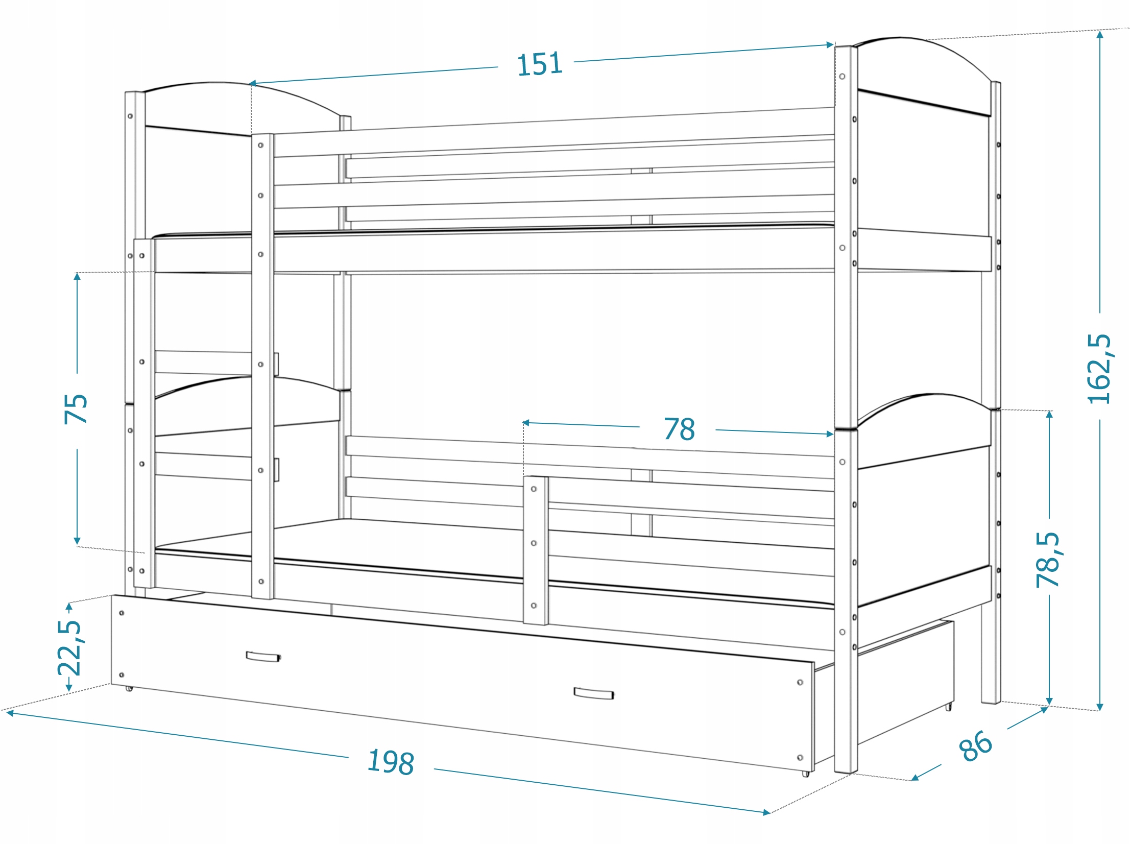 Łóżko piętrowe 190x80 białe MATEUSZ 3 Długość 198 cm