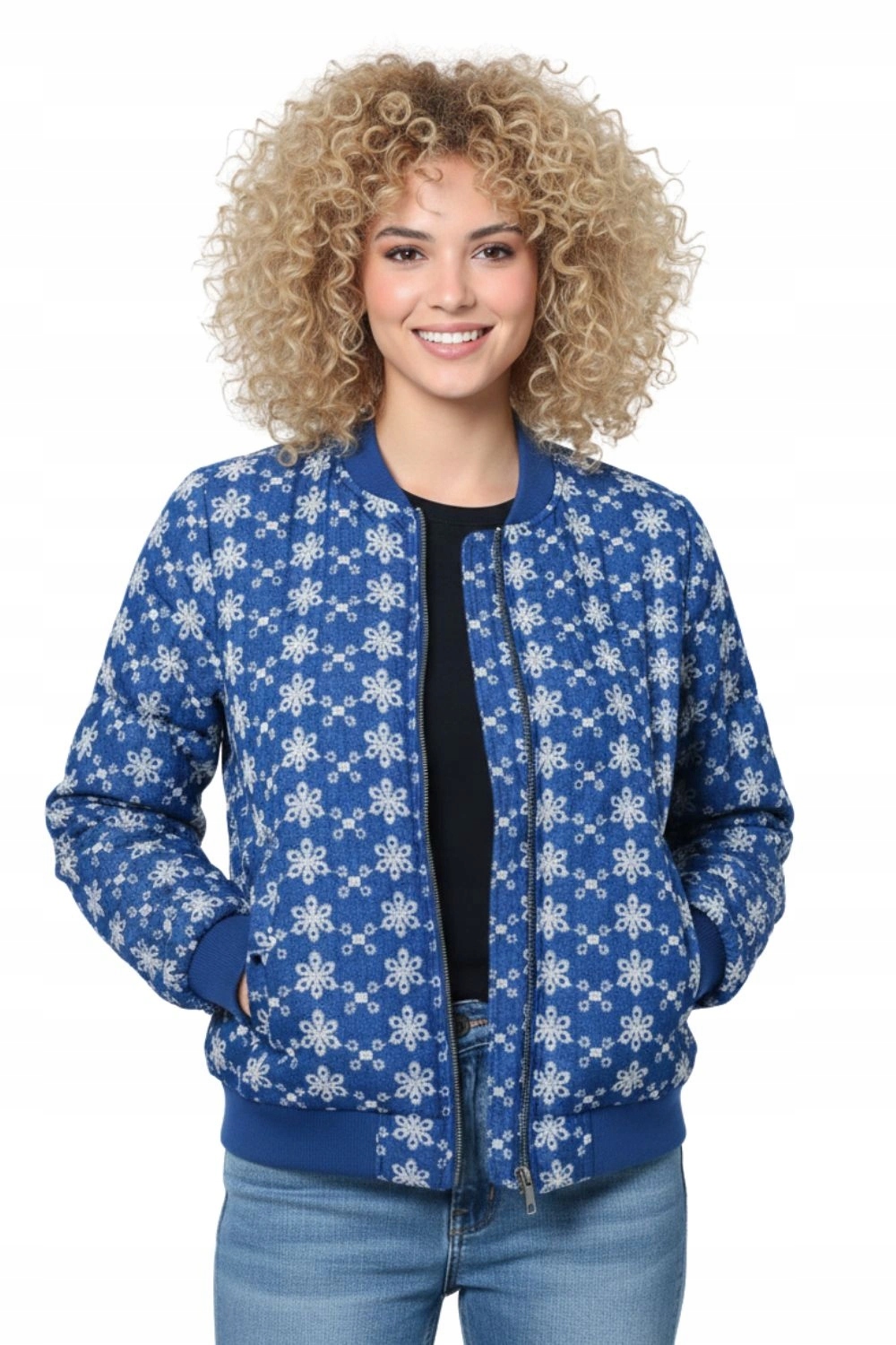 Dámská bunda Desigual bomber, modrá, vyšívaná, krátká, zateplená, velikost vel.