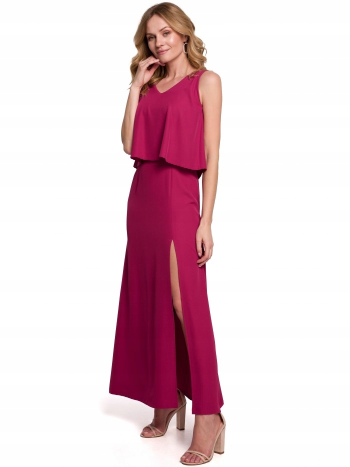 

Eu S K048 Sukienka maxi z falbaną u góry - śliwkow