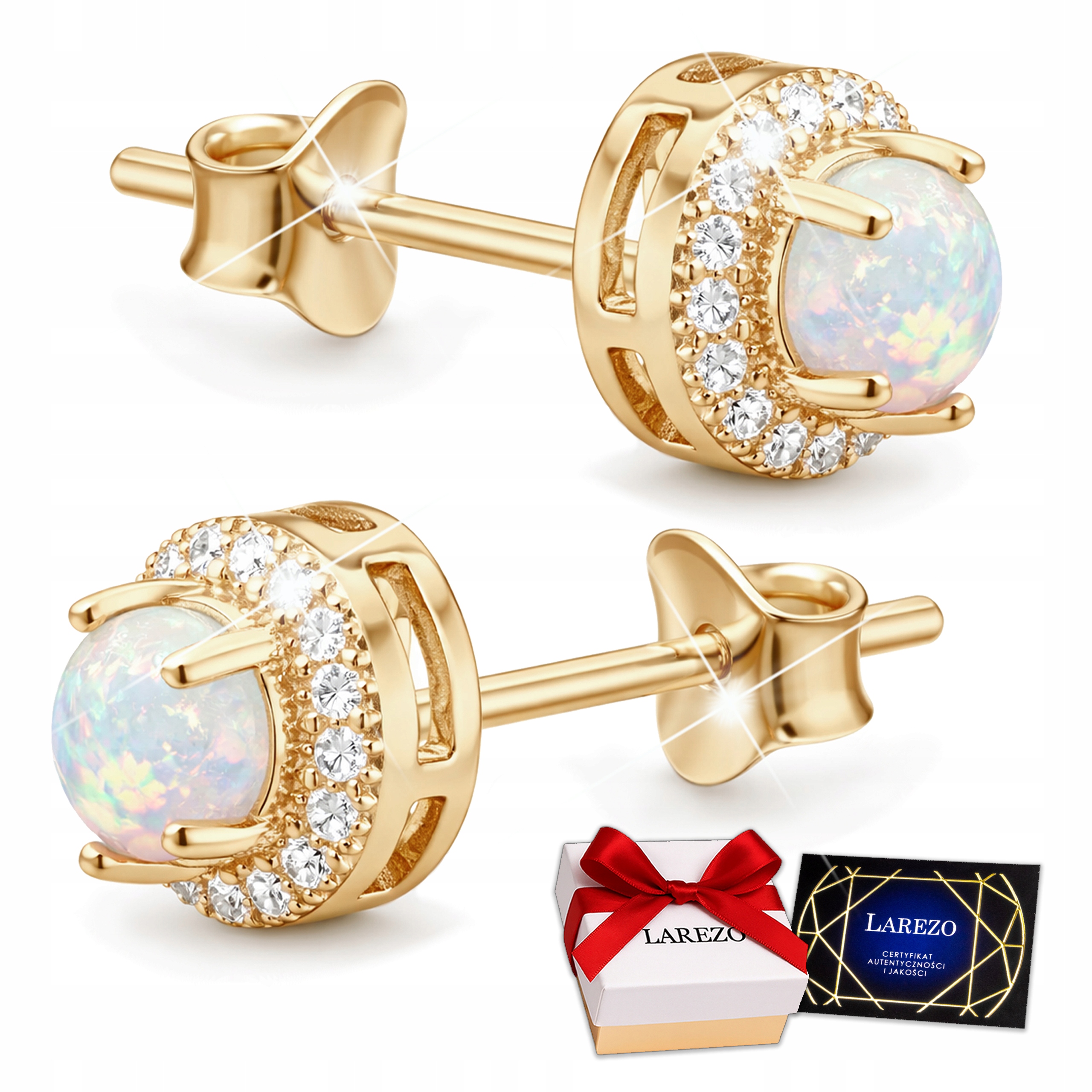 Złote Kolczyki Opal Kółka z Białym Opalem Wkrętki z Kryształkami Srebro 925