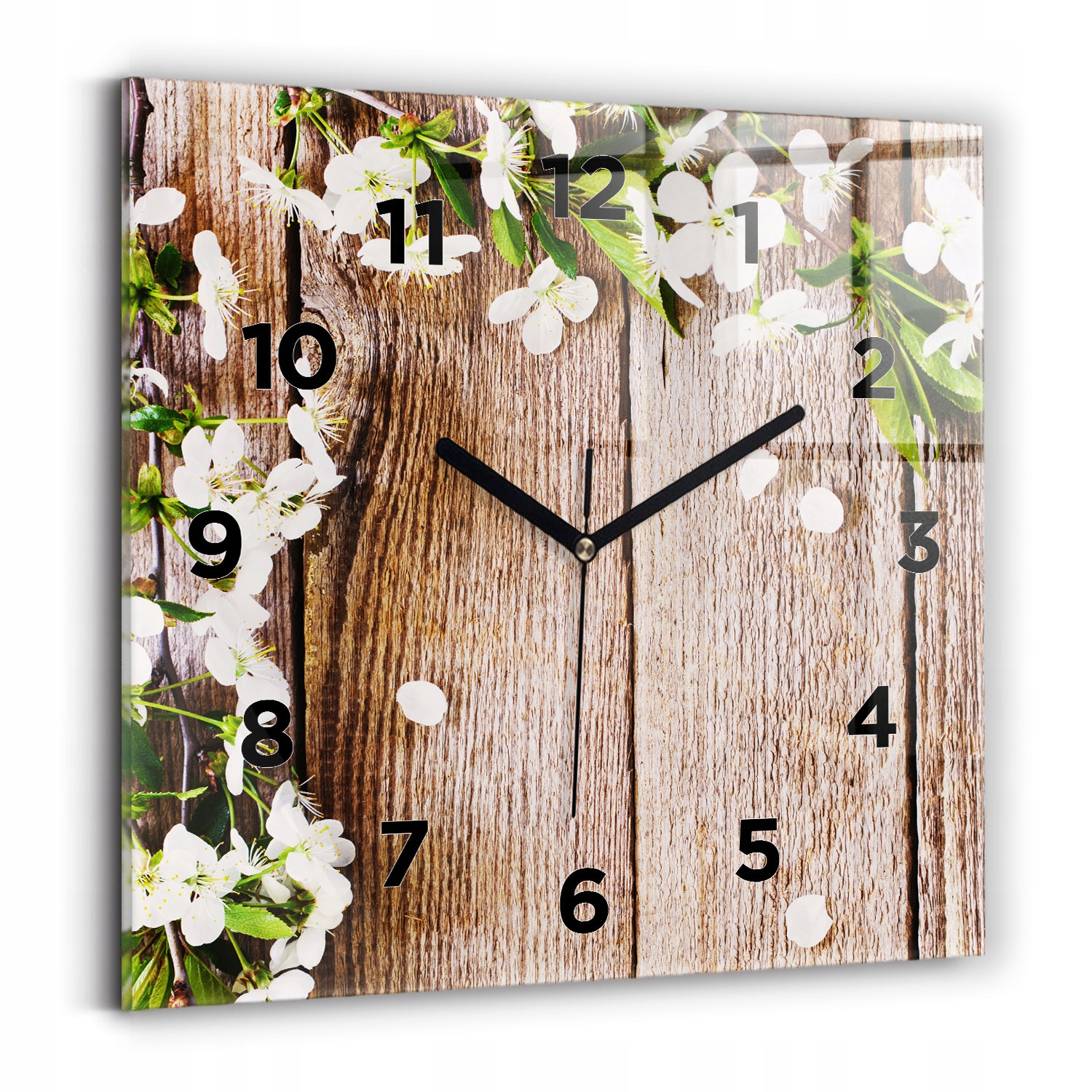 Čtvercové skleněné hodiny s stylovým potiskem Květiny na dřevě 30x30 cm