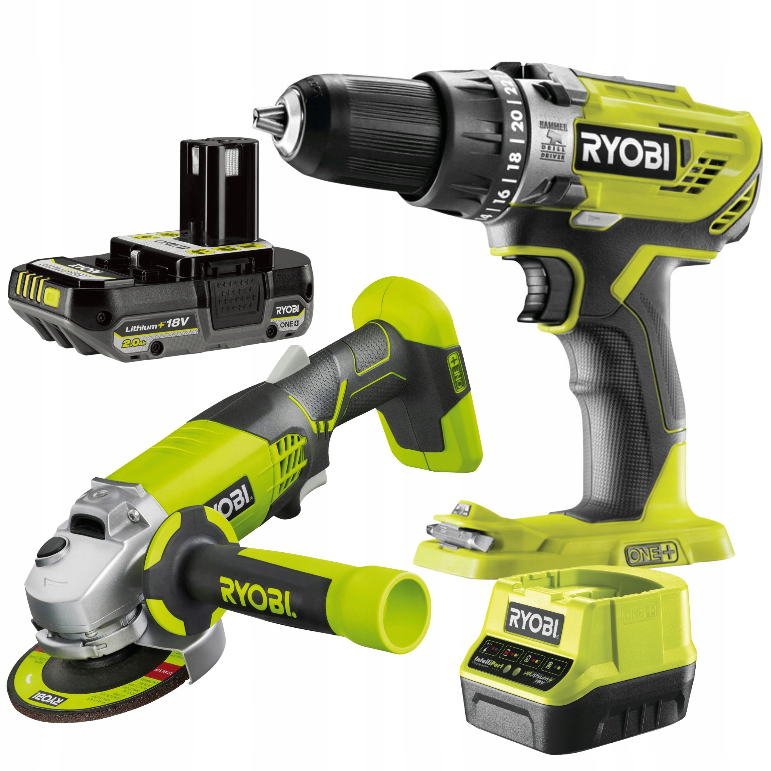 Vrtačka Aku Šroubovák Ryobi Příklep 50Nm R18PD3+ Úhlová Bruska R18AG +2AH