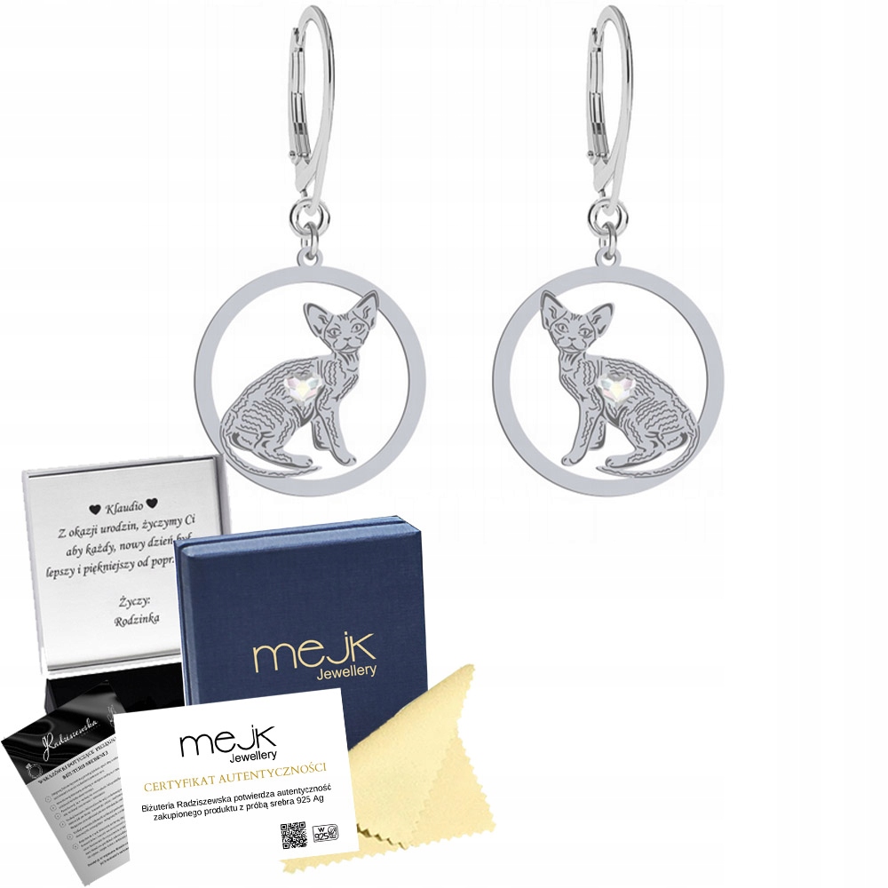 Stříbrné Náušnice s kočkou Devon Rex 925 Žena Šperky Dárek Gravírování