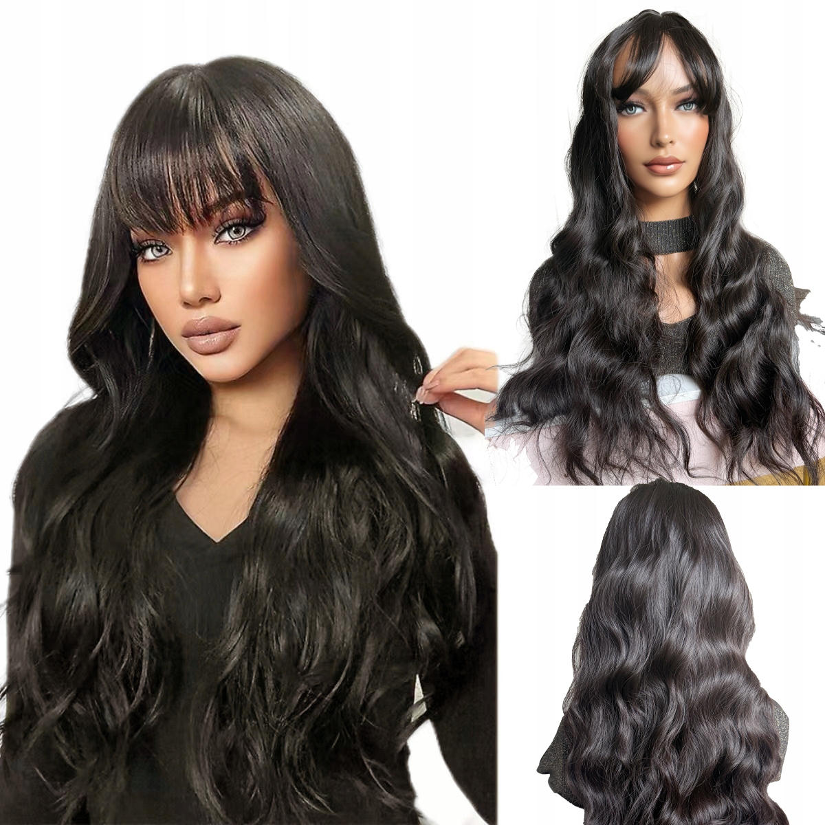 Syntetická kudrnatá paruka s ofinou, dlouhé vlny, tmavě hnědá, 70 cm