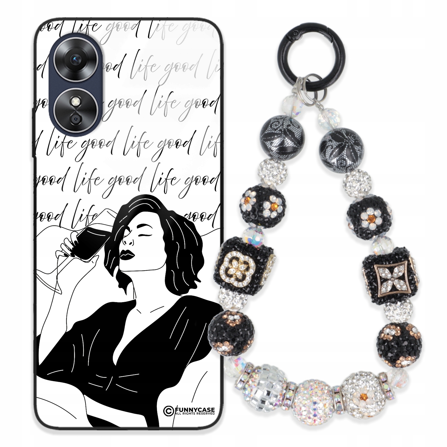 Puzdro Pre Oppo A17 Glass Ženské Čierno-biele Strieborný Prívesok So Zirkónovým Vzorom