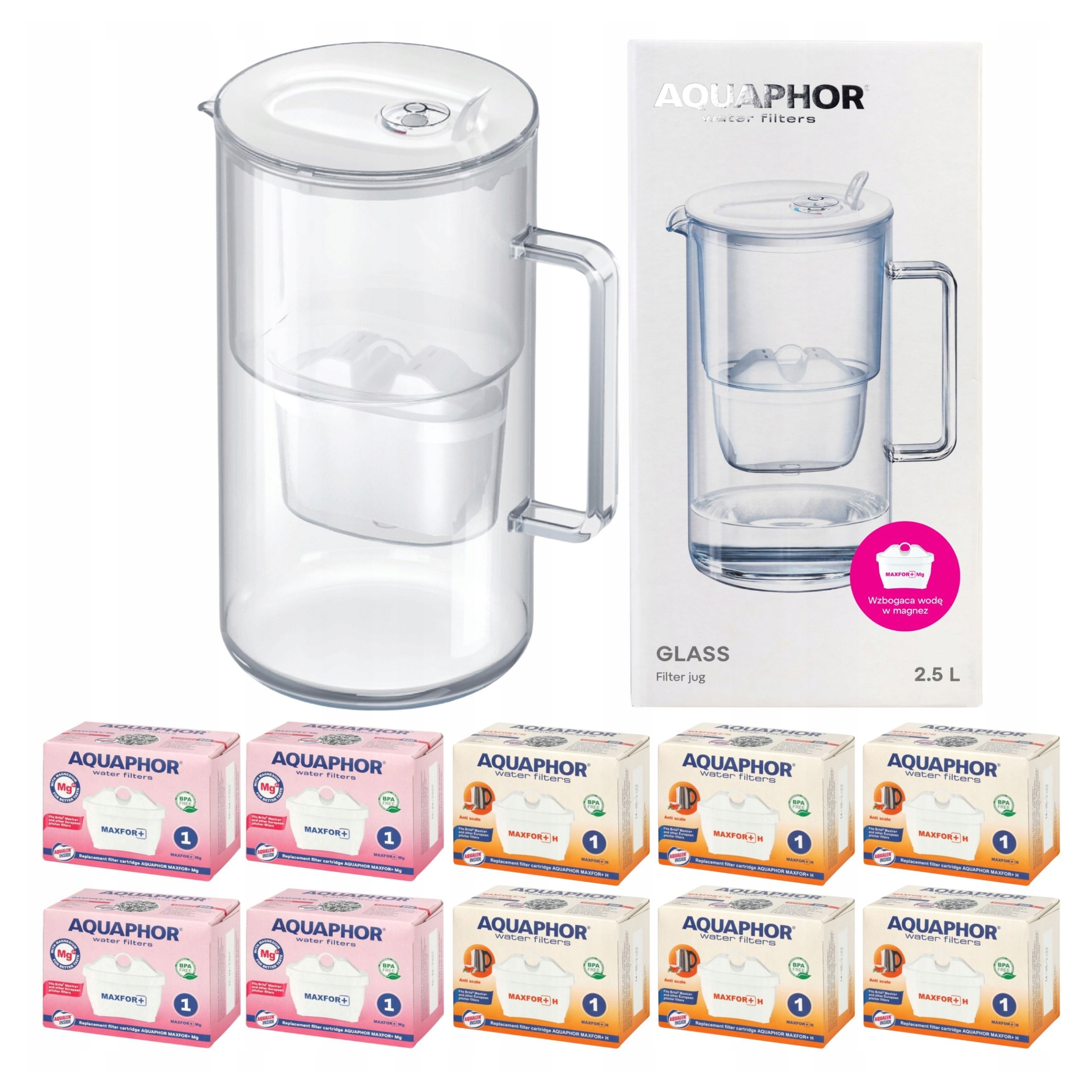 Filtrační konvice skleněná Aquaphor Glass bílá 10 filtrů Maxfor (4Mg+6H)