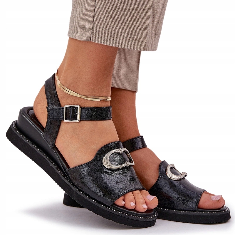 Dámské Eko Semišové Sandály Na Podpatku S Ozdobou, Elegantní, Černé, Velikost 40