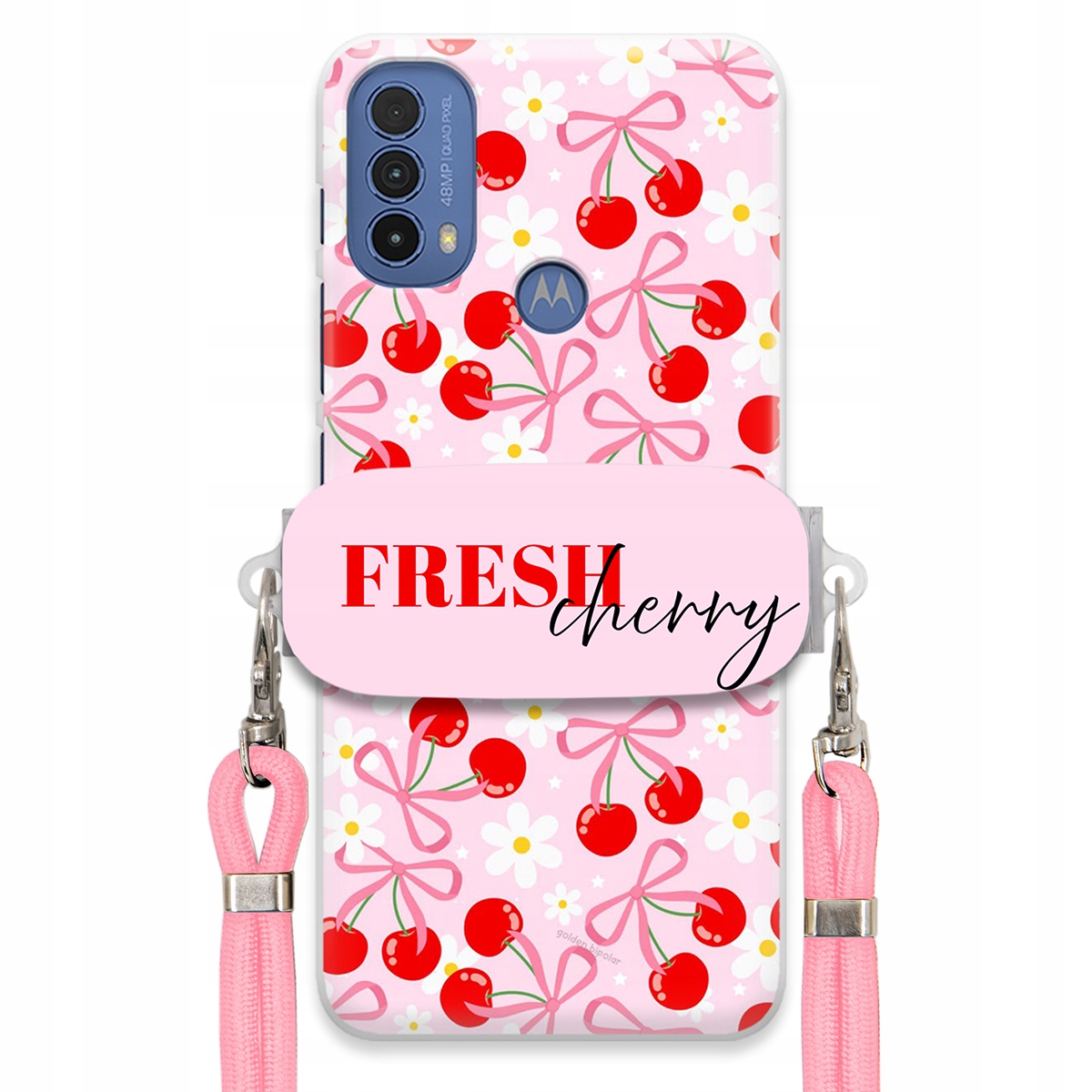 Puzdro pre Motorola E30 Case držiak na šnúrku Ružový Fresh Cherry Kokardy
