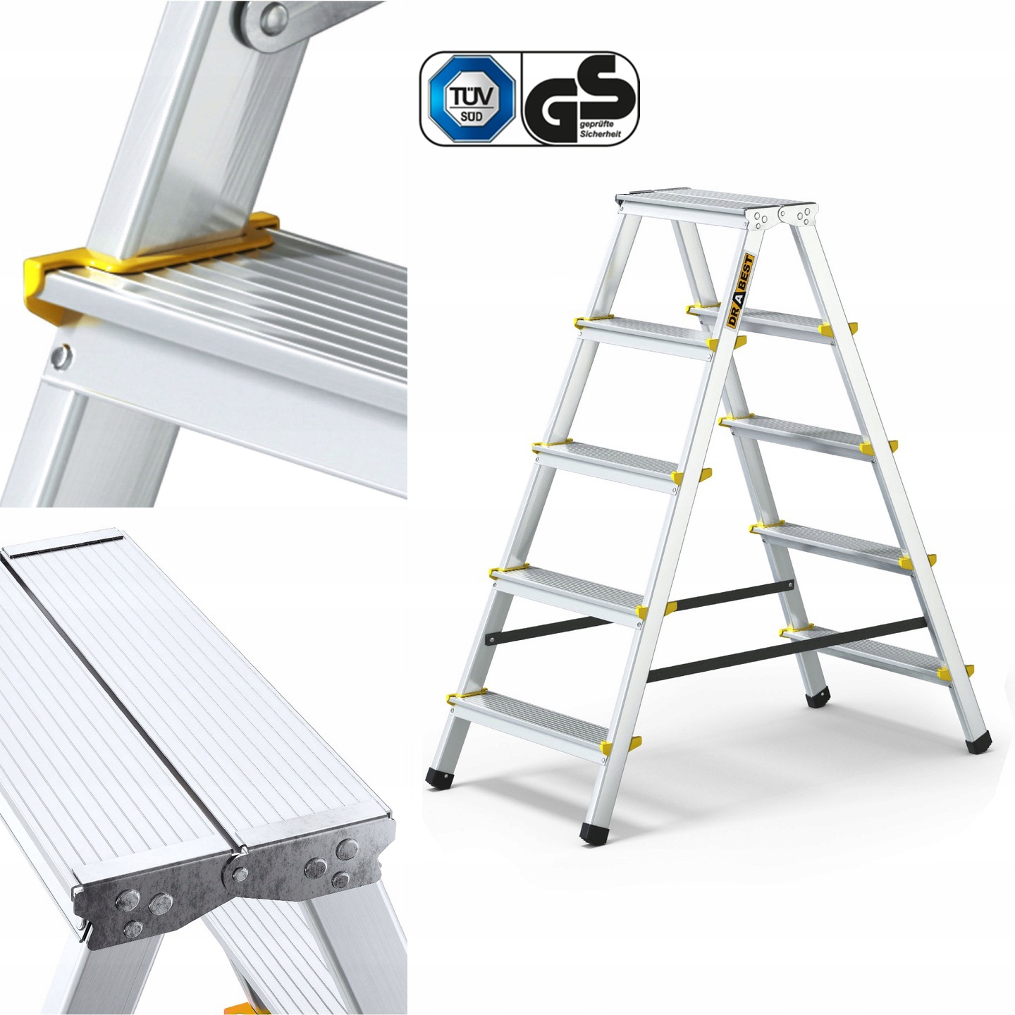 Hliníkový rebrík pre domácnosť, obojstranný 2x5 Drabest, nosnosť 150 kg
