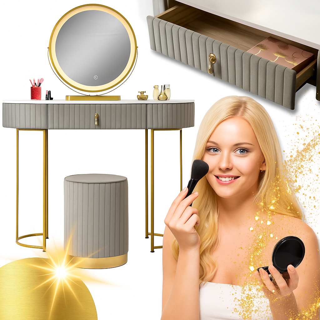 Туалетный столик класса люкс со светодиодным зеркалом, цвет серый бархат + пуф