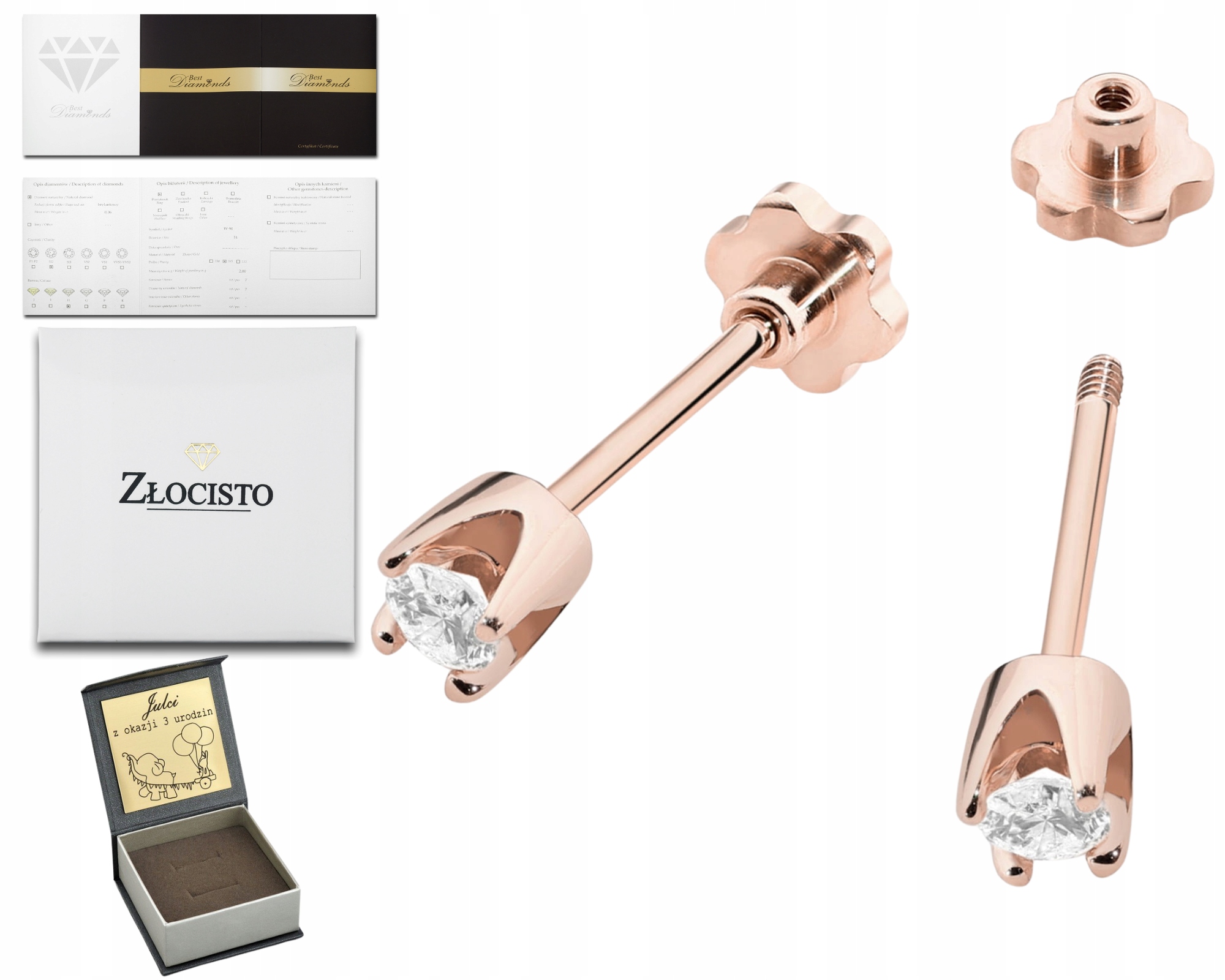 Růžové Zlato Náušnice S Diamantem Šroubovací Tyčinka Zlato 585 Dárek Gravírování