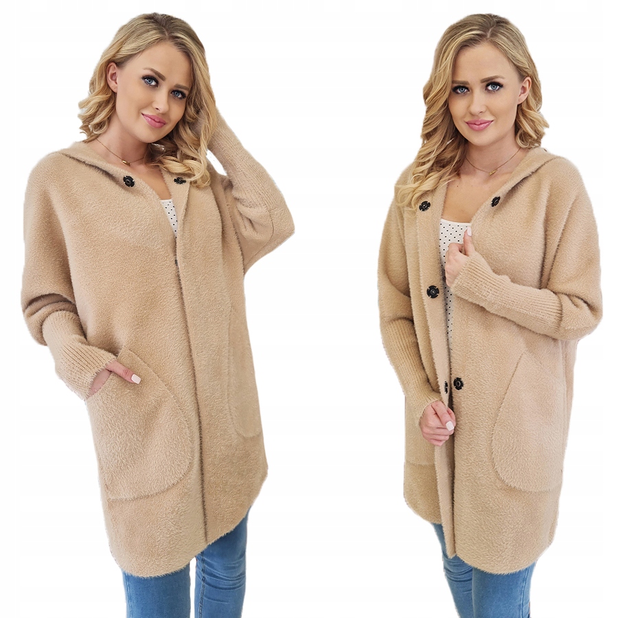 Płaszcz Alpaka Kaptur Wełna Oversize Jasny Camel