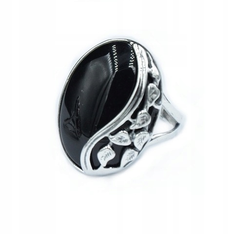 

Pierścionek Srebrny Z Onyksem I Listkami ROZMIAR14