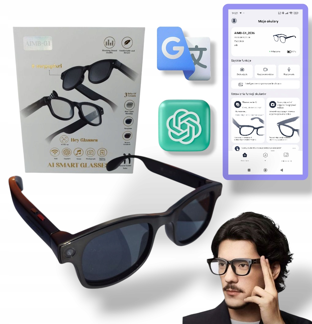 Smartglasses Inteligentné okuliare AIMB-G1 kamera Hd ChatGPT 16Gb 3 sklá