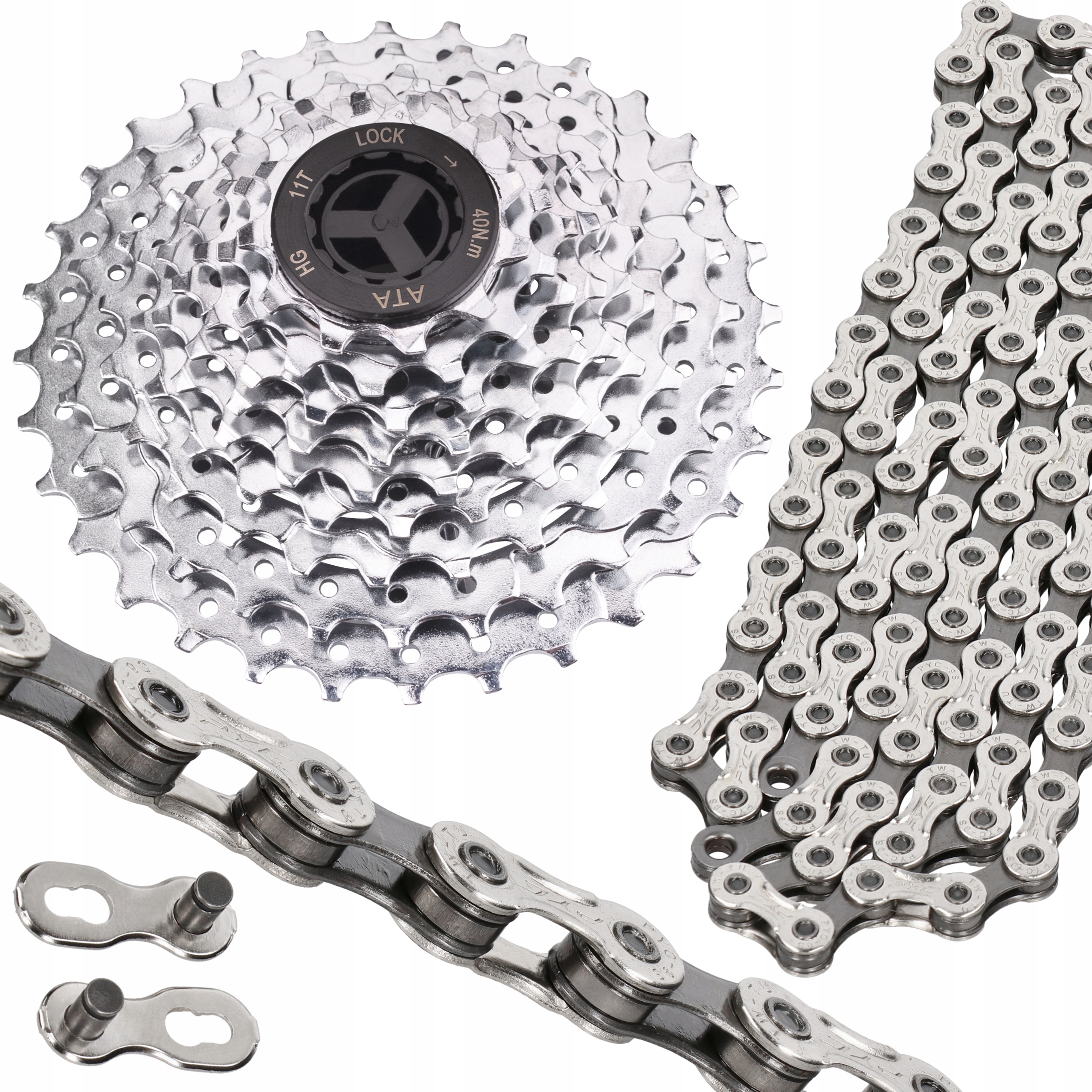 Zestaw Kaseta Ata 9-rzędowa srebrna 11-32T Łańcuch Pyc Spinka Komplet