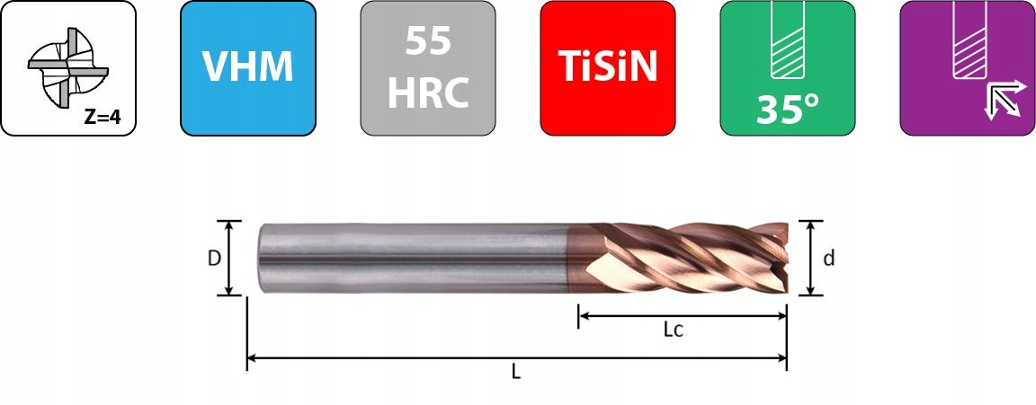 Frez węglikowy VHM Fi3mm 4pióra 55HRC TiSiN Kod producenta B_3.0X8X3X50